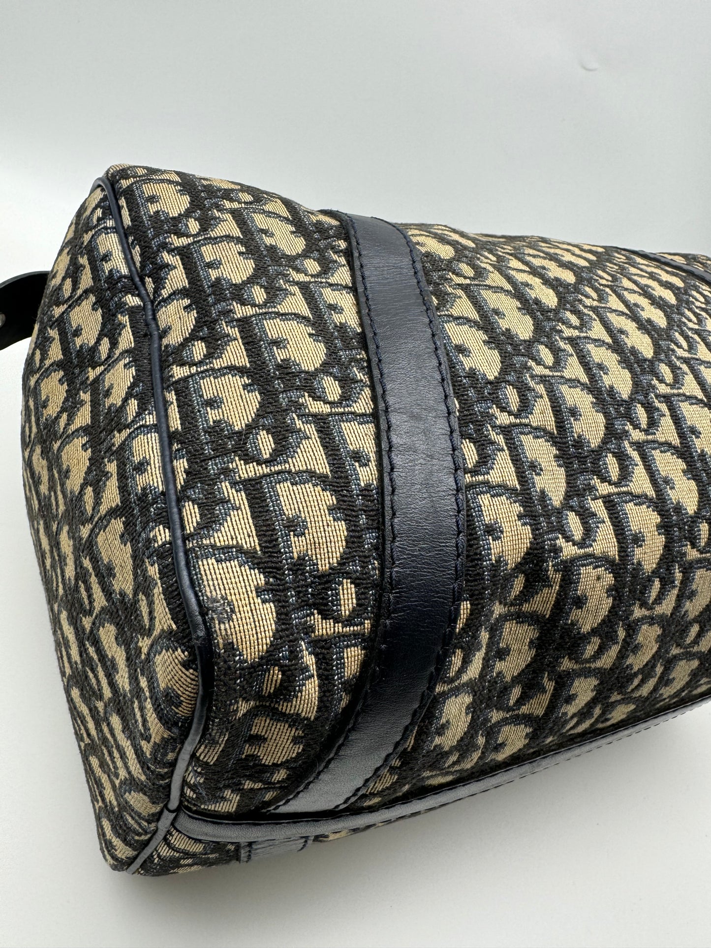 Authentic Christian Dior Vintage Boston 30 Navy Blue Trotter Jacquard Canvas Bowling Bag