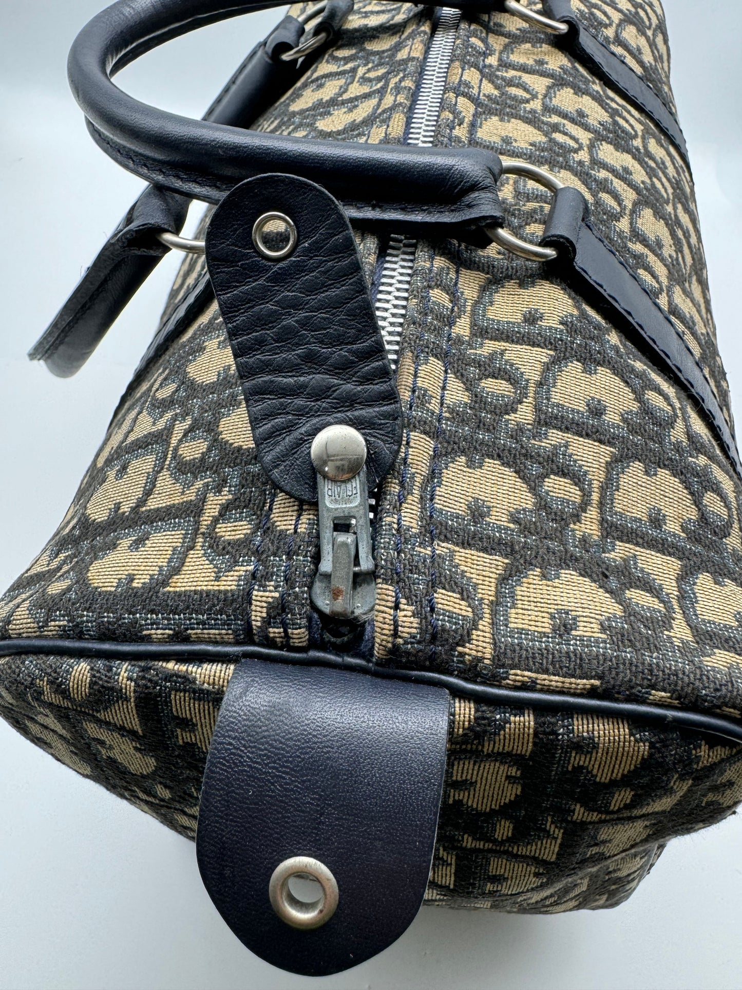 Authentic Christian Dior Vintage Boston 30 Navy Blue Trotter Jacquard Canvas Bowling Bag