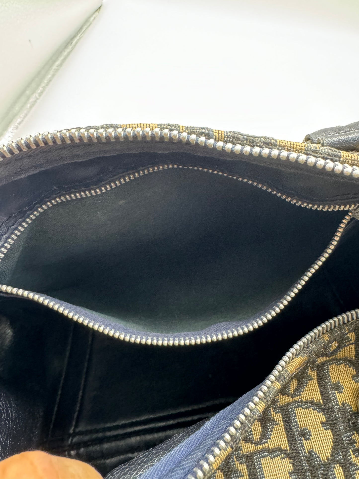 Authentic Christian Dior Vintage Boston 30 Navy Blue Trotter Jacquard Canvas Bowling Bag