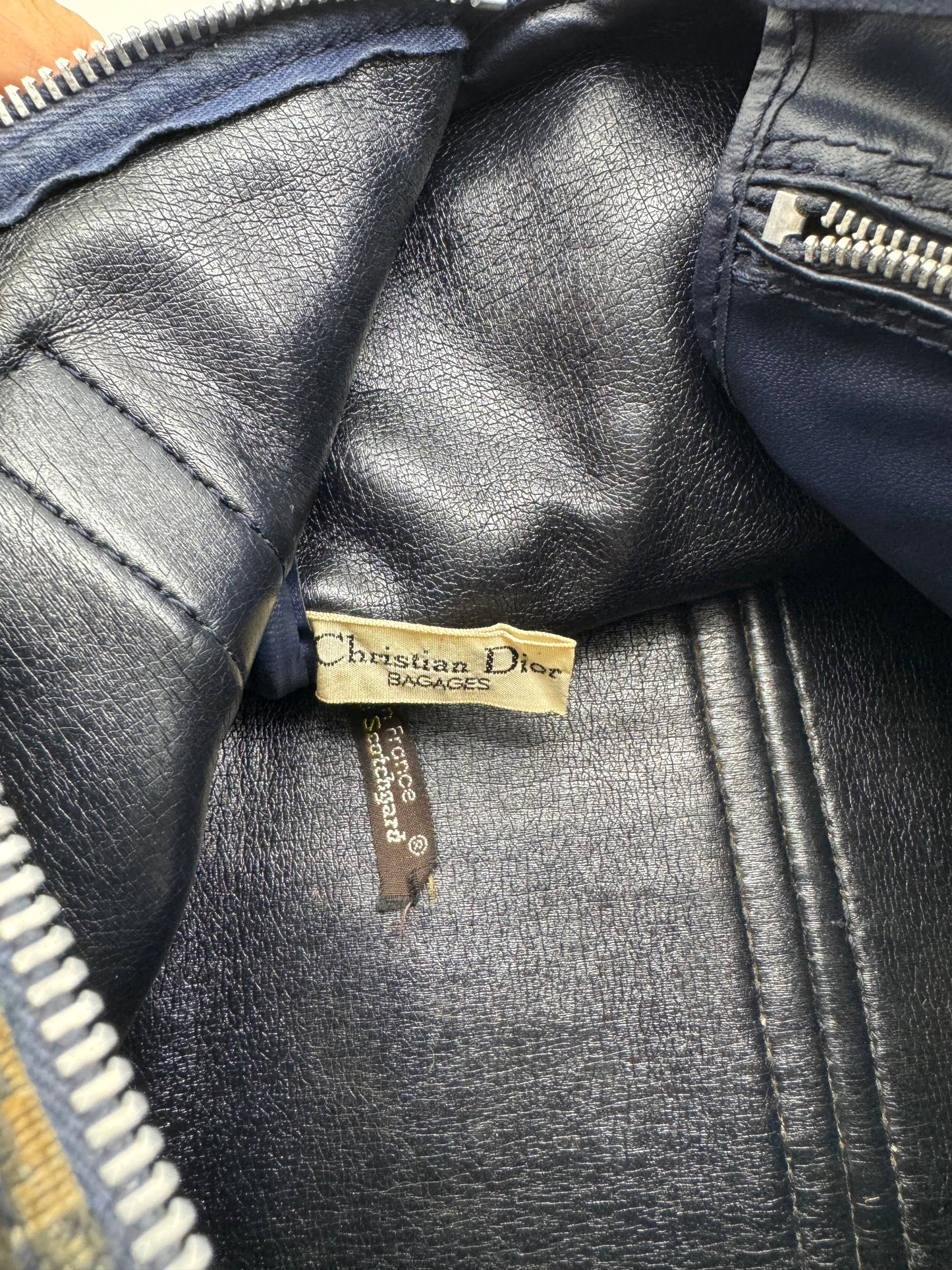 Authentic Christian Dior Vintage Boston 30 Navy Blue Trotter Jacquard Canvas Bowling Bag