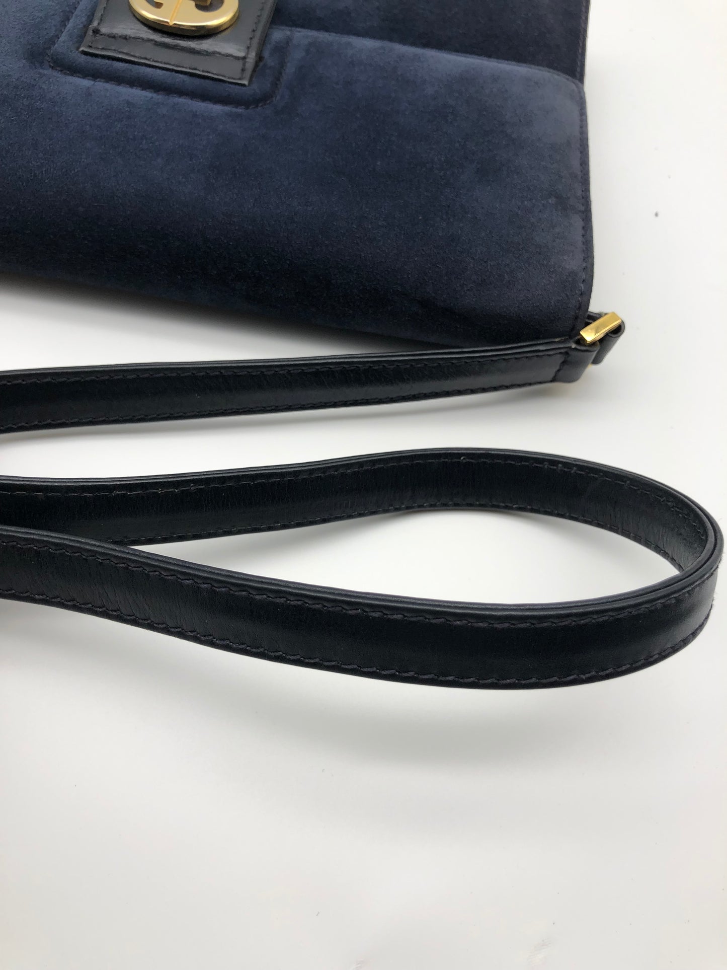 Authentic Gucci Vintage 1970s Navy Blue Suede Clutch Shoulder Bag