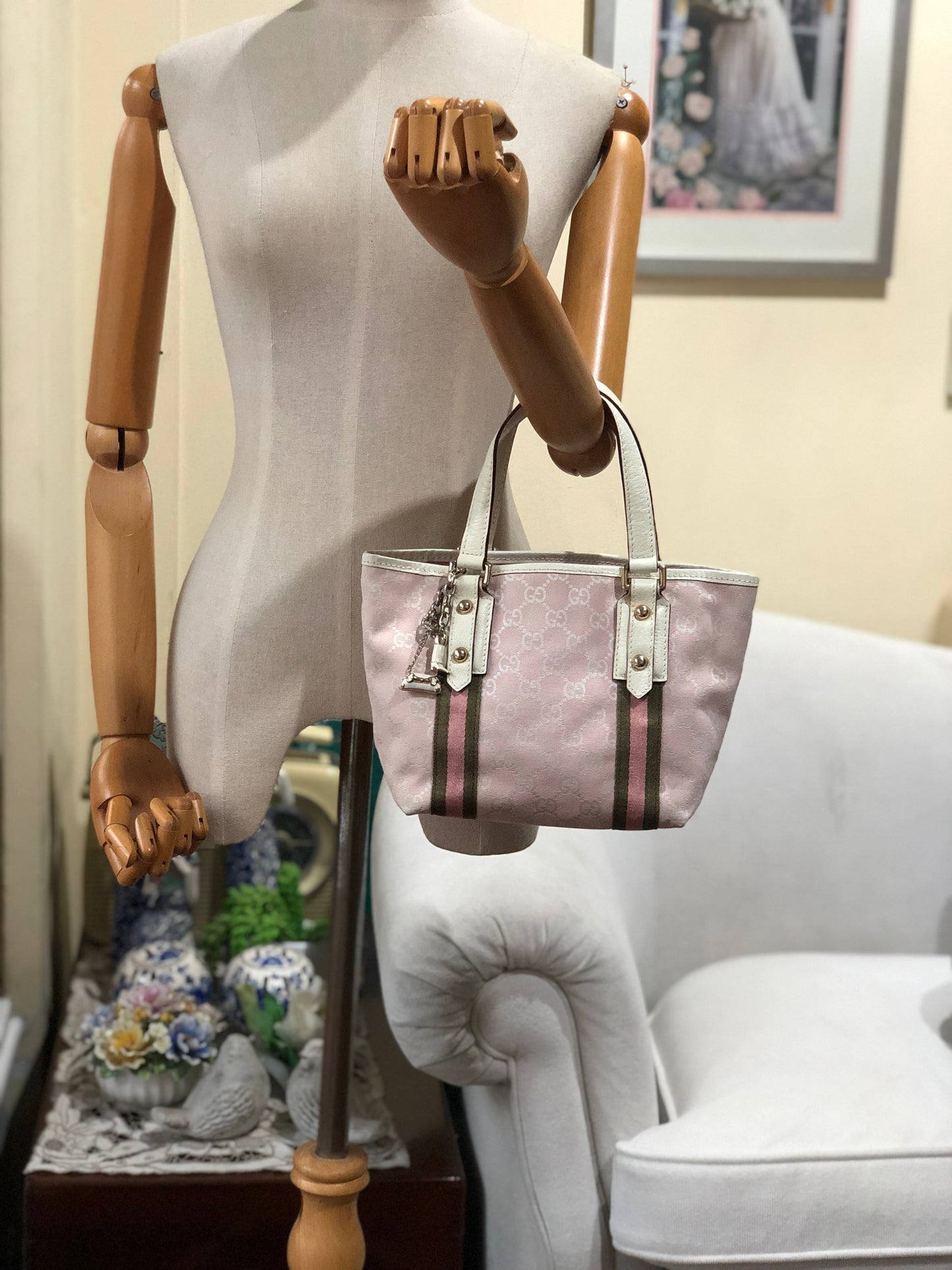 Authentic GUCCI Sherry Line Pink GG Canvas Small Tote