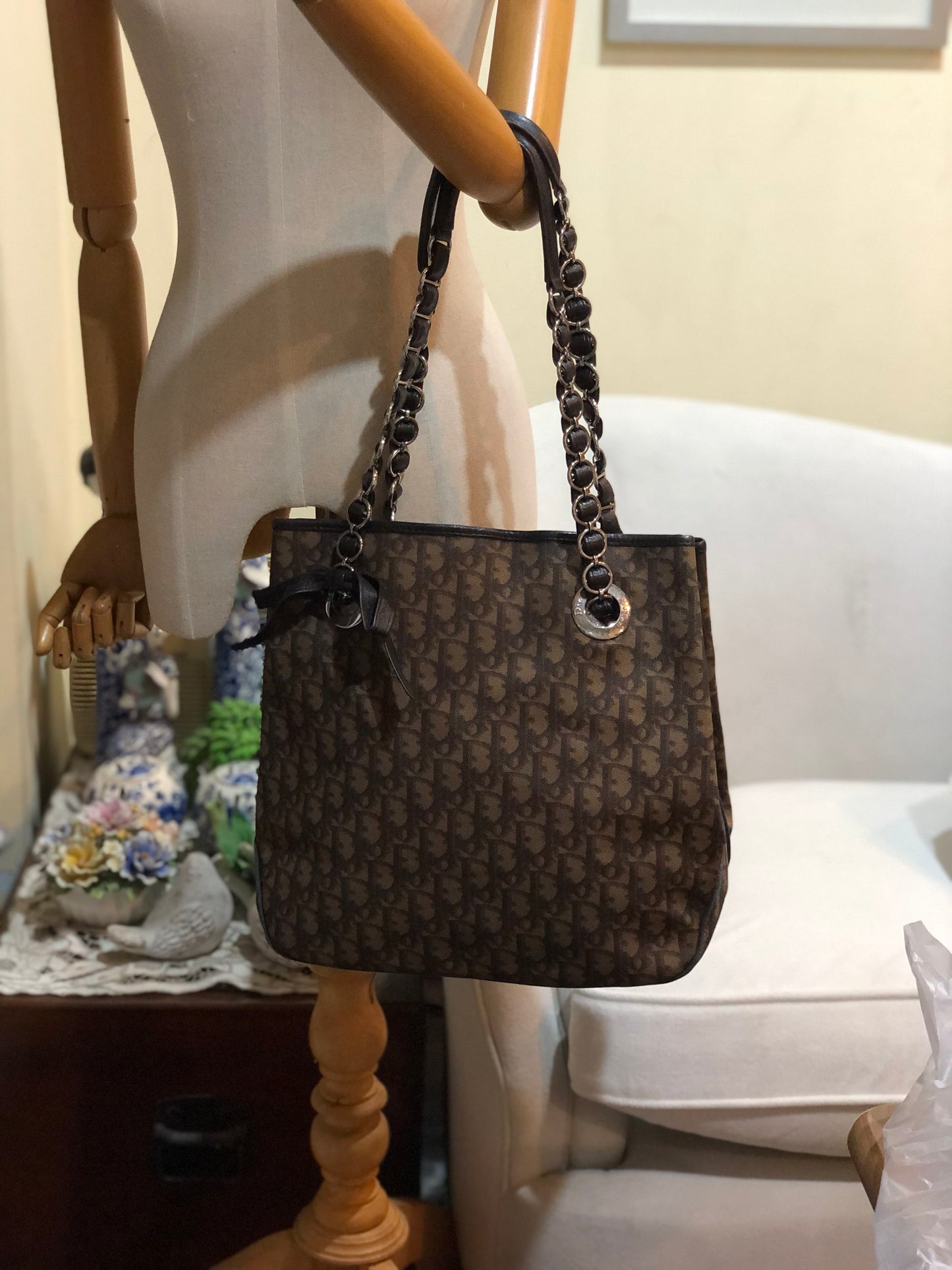 Authentic Christian Dior Dark BrownTrotter Romantique Tote Bag