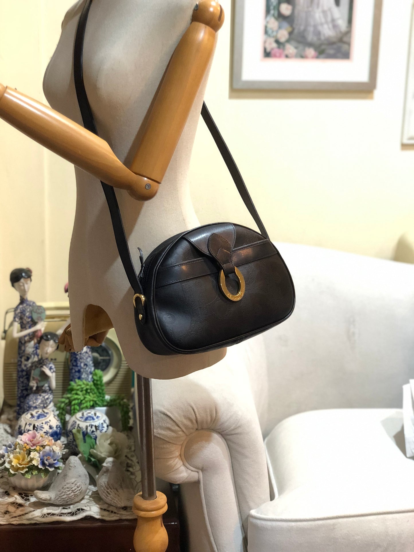 Authentic Christian Dior Black PVC Canvas Crossbody Bag
