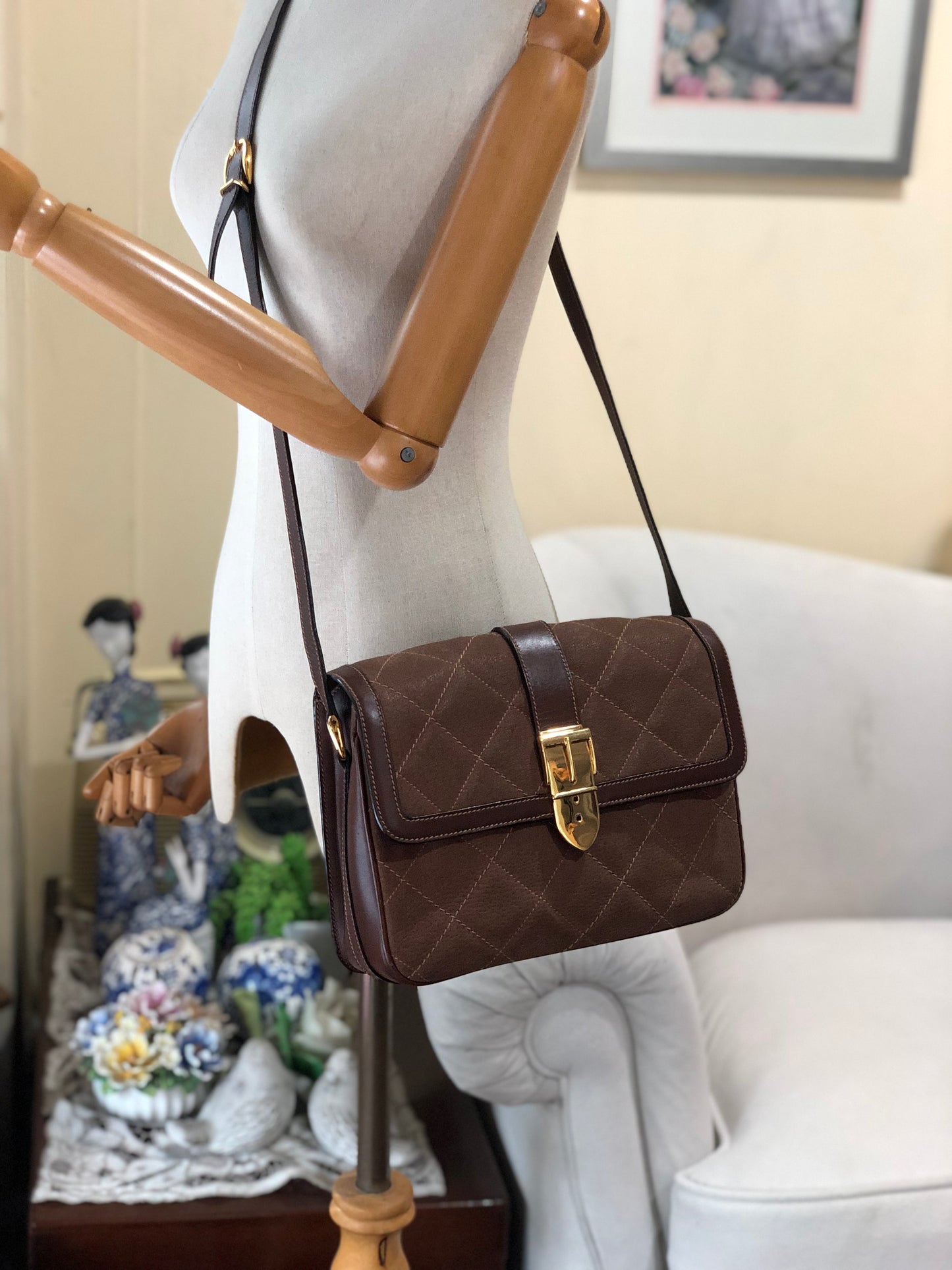 Authentic Gucci Brown Quilted Suede Box Shape Shoulder Crossbody Bag