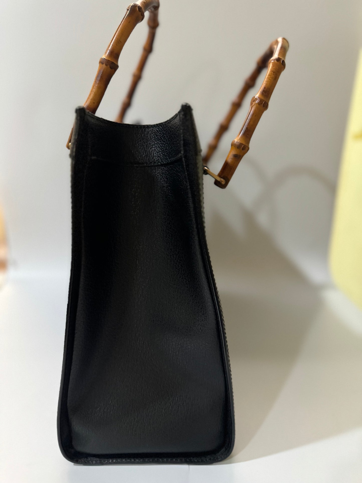 Authentic GUCCI Vintage Bamboo Handles Black Leather Diana Tote