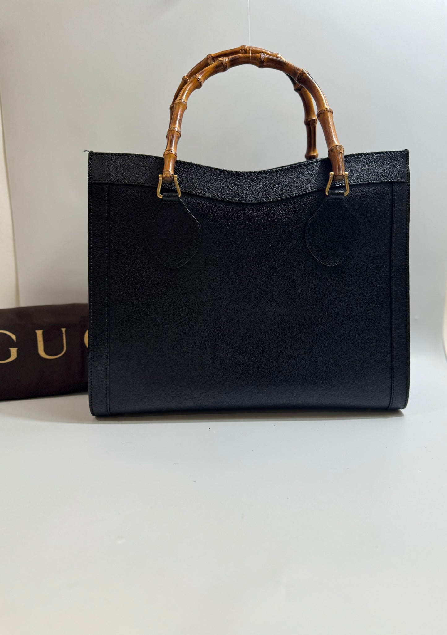 Authentic GUCCI Vintage Bamboo Handles Black Leather Diana Tote