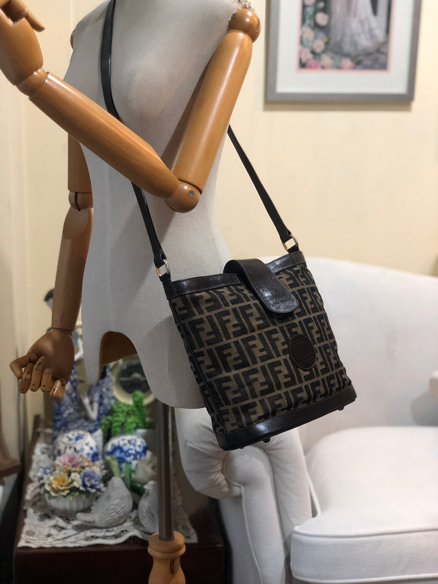 Authentic Fendi Vintage Bucket FF Zucca Jacquard Cloth Crossbody Shoulder Bag