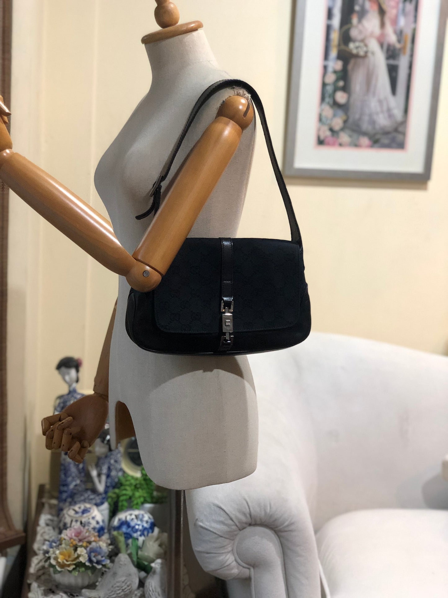 Authentic GUCCI Jackie Black Monogram Jacquard Cloth Shoulder Bag