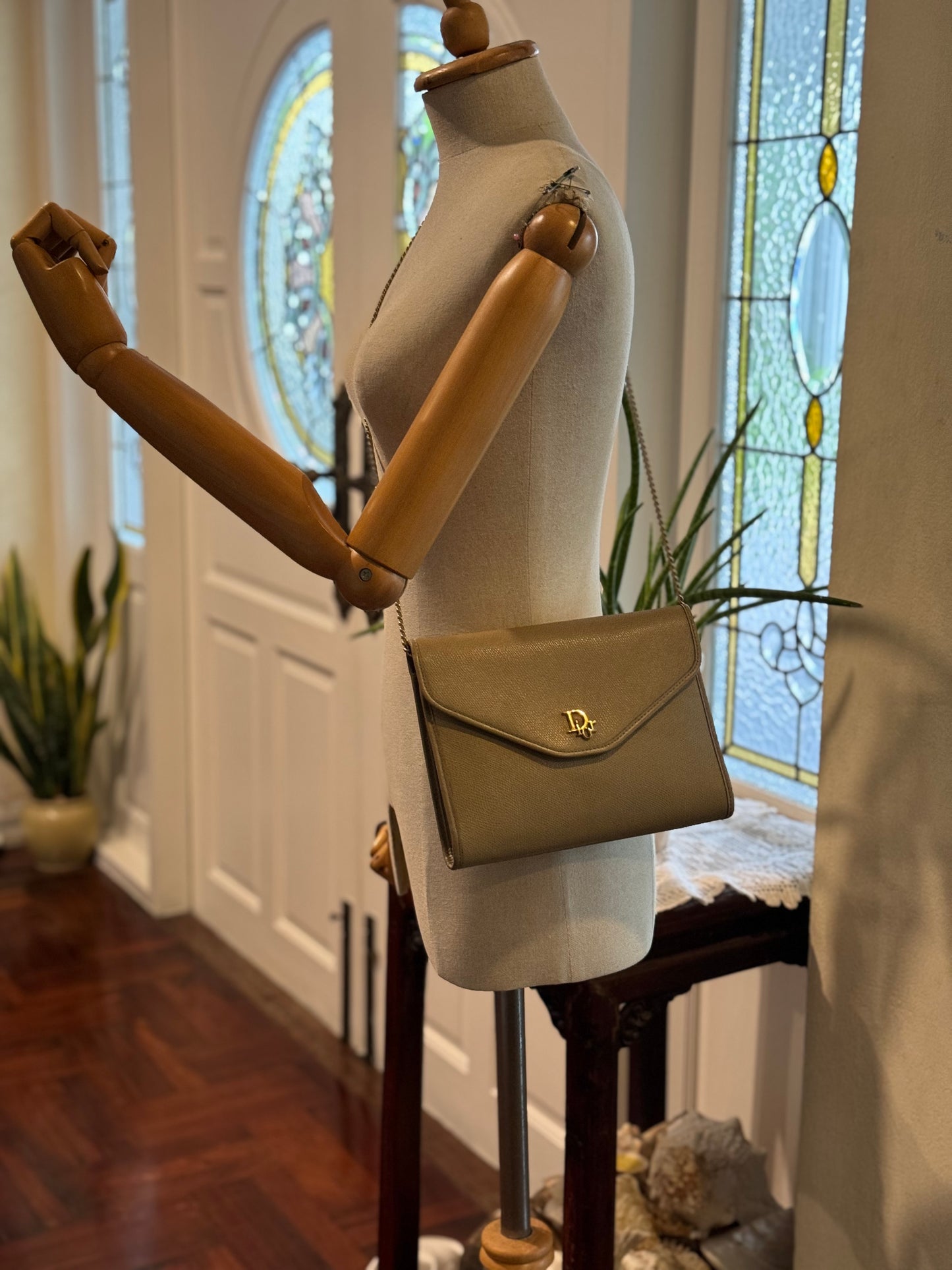 Authentic Christian Dior Beige Pebble Leather Clutch Shoulder Crossbody Bag