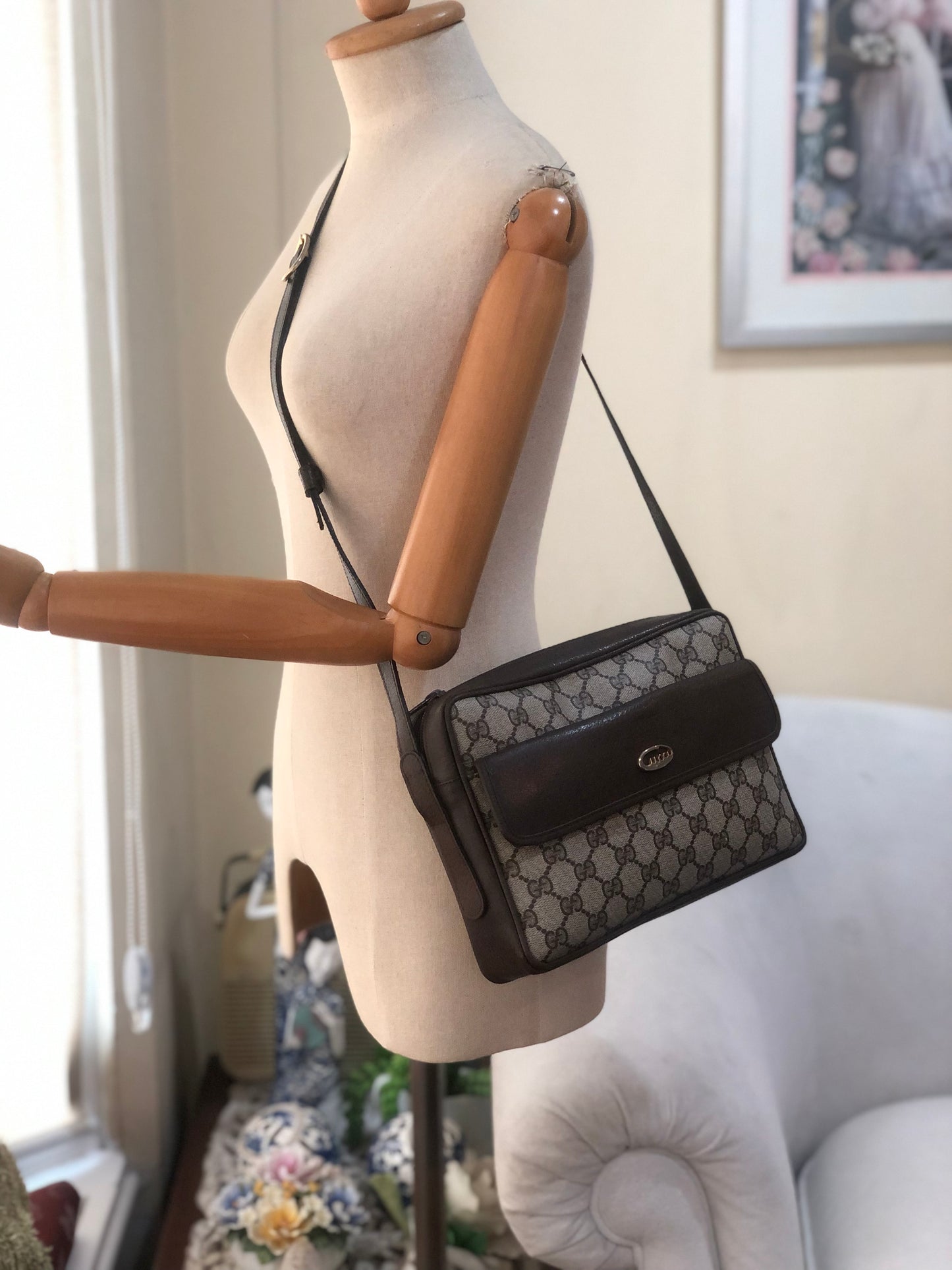 Authentic GUCCI Vintage Coated Canvas Shoulder/Crossbody Bag