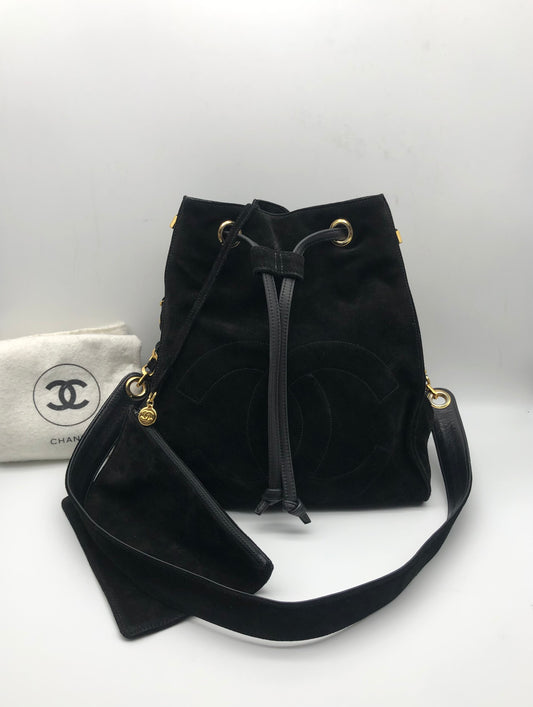 Authentic Chanel Vintage Black Suede Quilted CC Drawstring Bucket Shoulder Bag