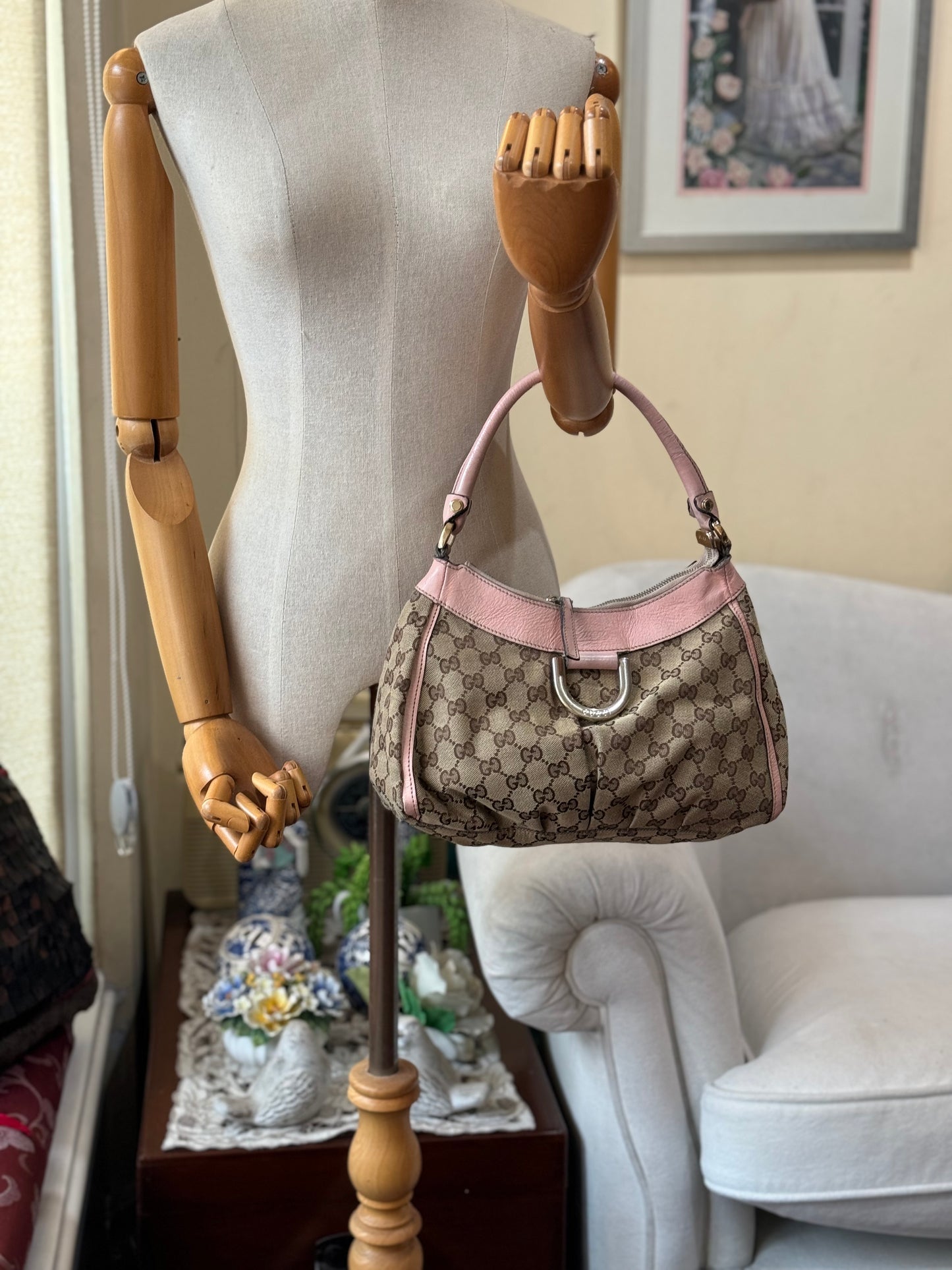 Authentic Gucci Abby D-Ring Hobo Brown Monogram Pink Leather Shoulder Bag