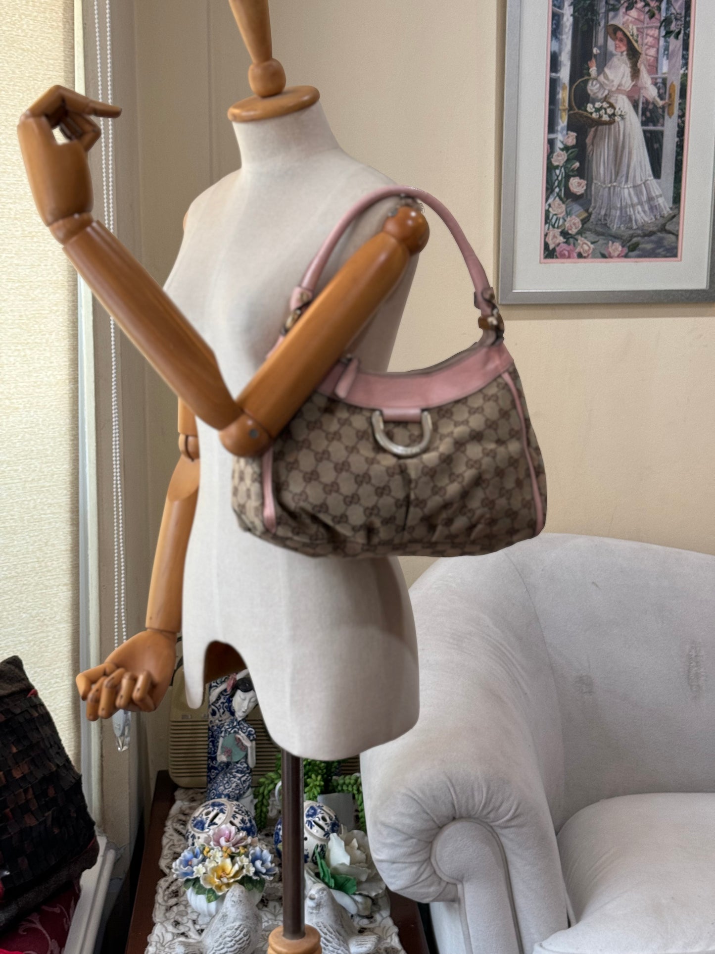 Authentic Gucci Abby D-Ring Hobo Brown Monogram Pink Leather Shoulder Bag