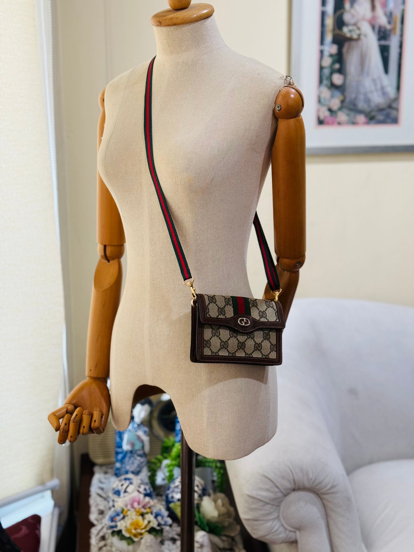 Authentic Gucci Parfums Vintage Mini Clutch Brown Sherry Line Added Strap Crossbody Belt Bag