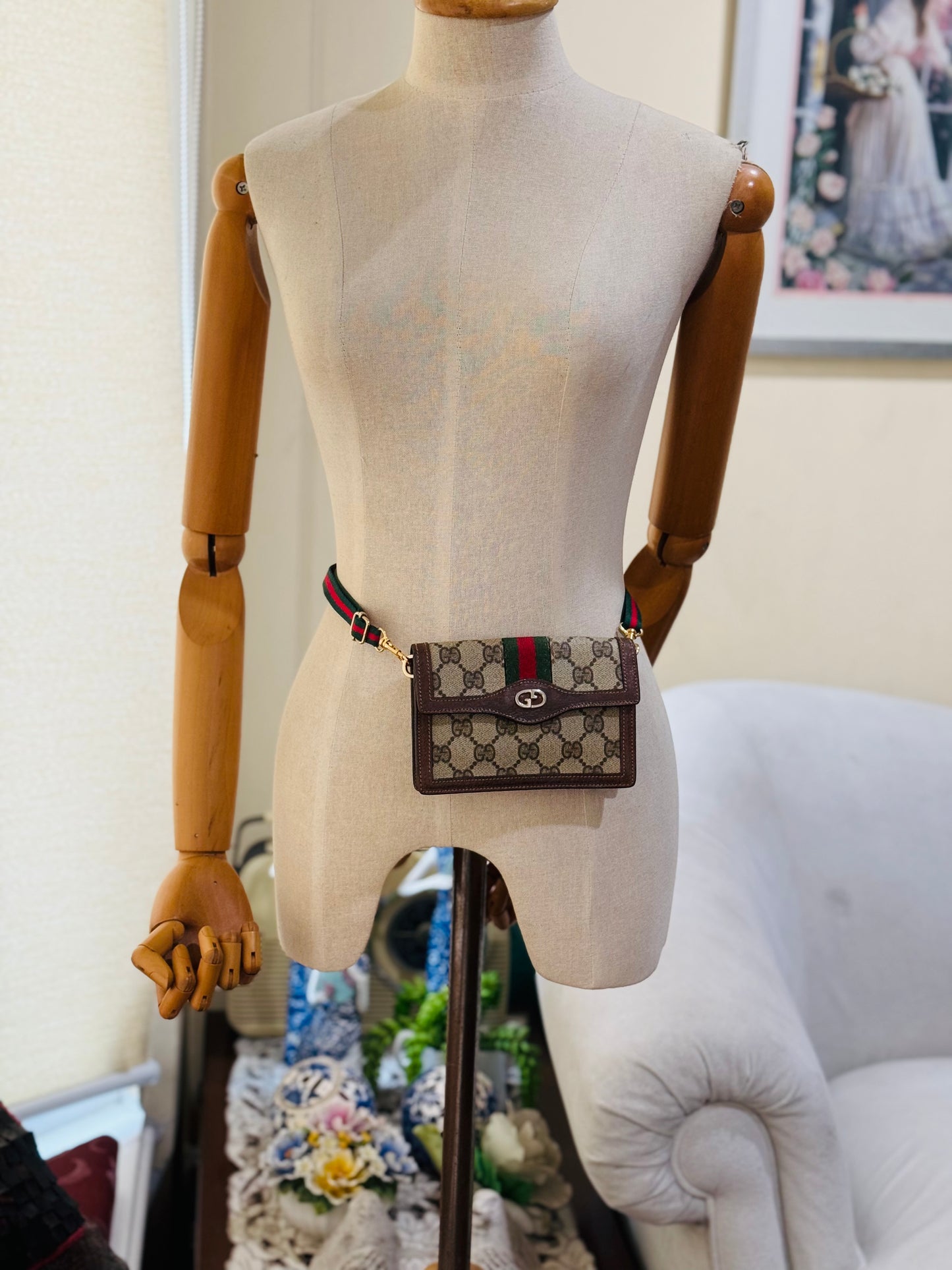 Authentic Gucci Parfums Vintage Mini Clutch Brown Sherry Line Added Strap Crossbody Belt Bag