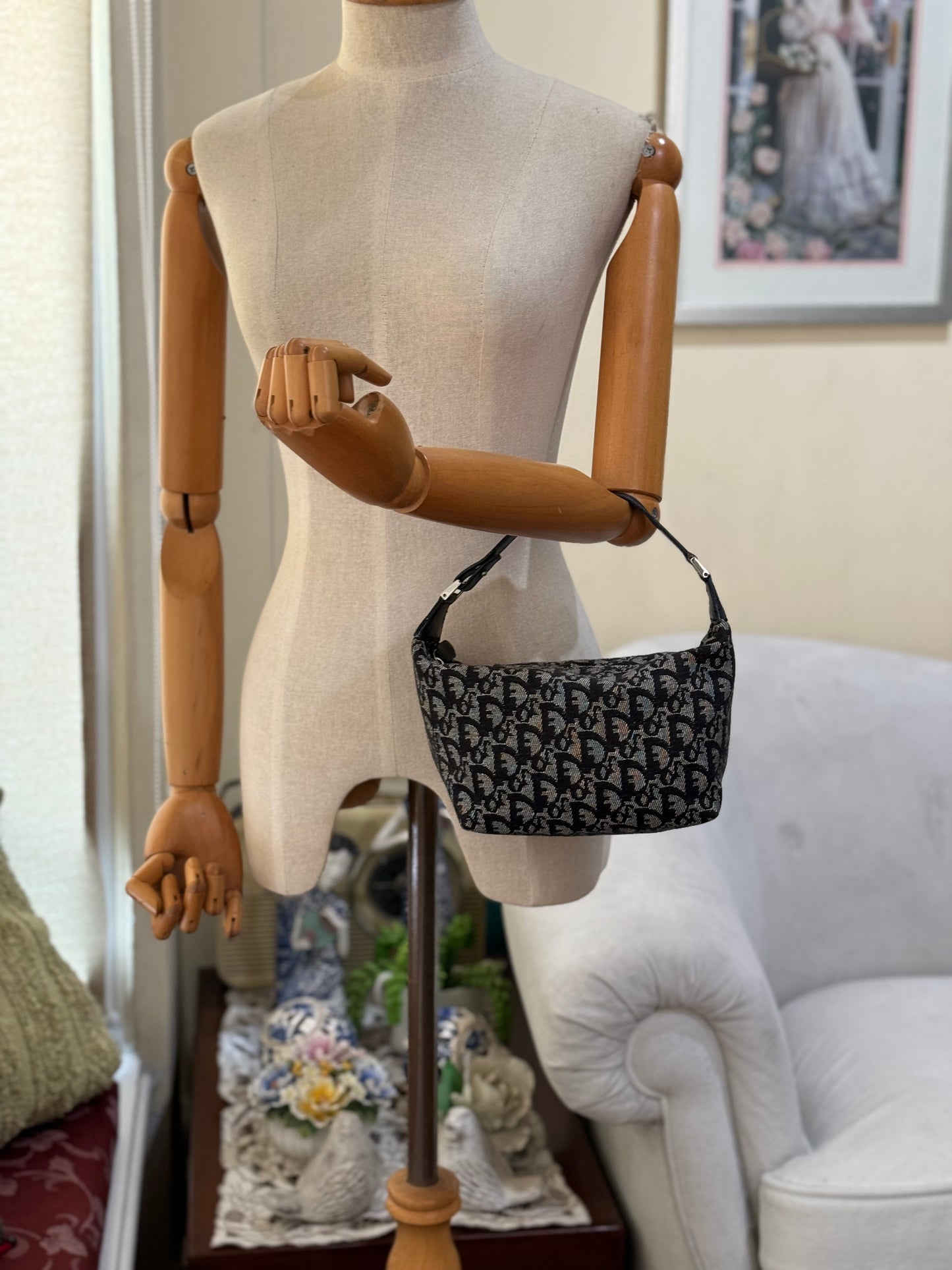 Authentic Christian Dior Black Trotter Jacquard Cloth Handbag