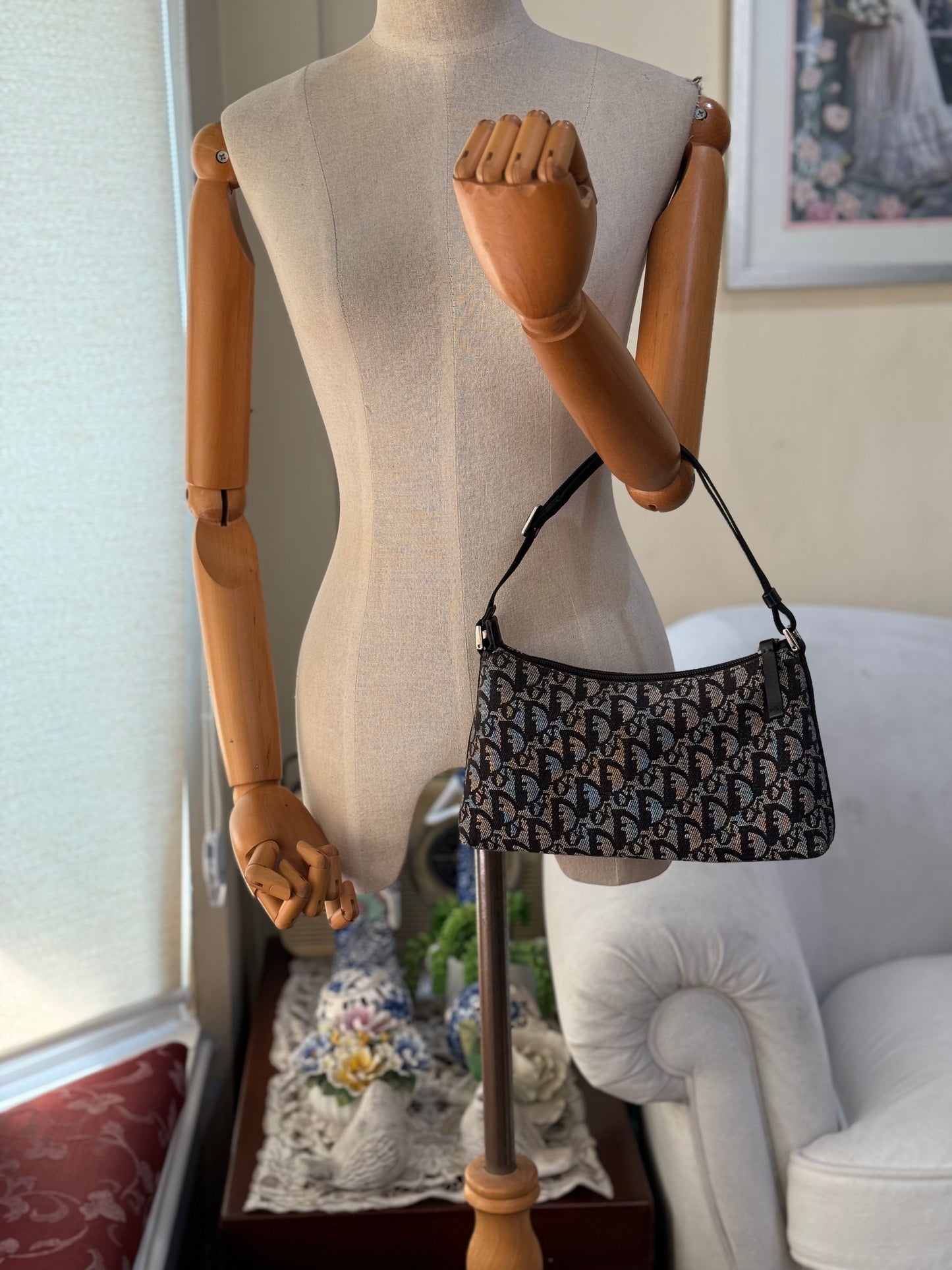 Authentic Christian Dior Black Trotter Jacquard Cloth Pochette Shoulder Bag