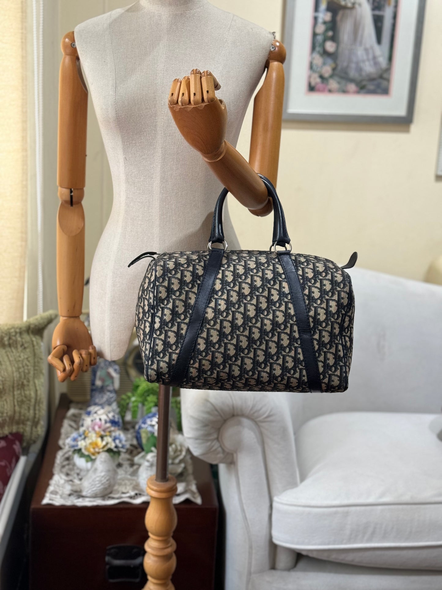 Authentic Christian Dior Vintage Boston 30 Navy Blue Trotter Jacquard Canvas Bowling Bag