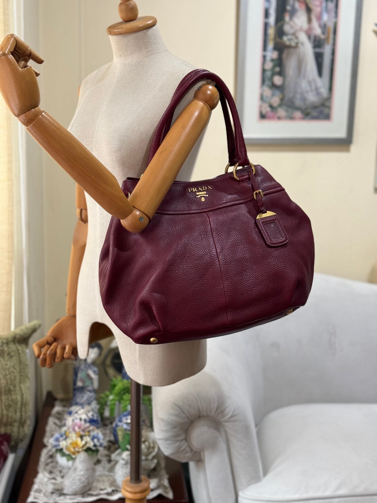 Authentic Prada Bordeaux Red Leather Shoulder Handbag