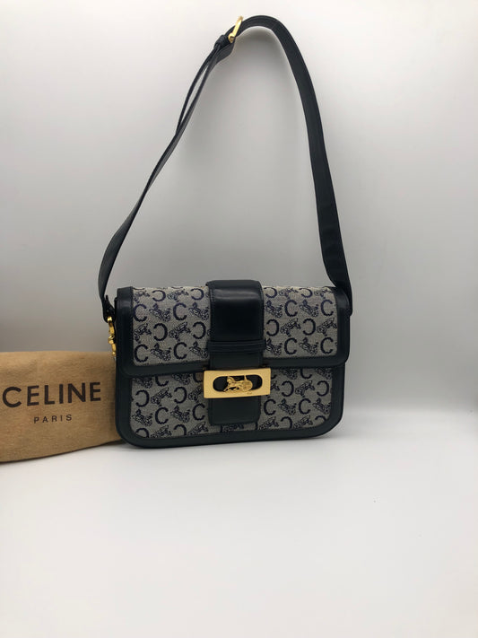 Authentic Celine Vintage 1970s Navy Blue Horse Carriage Shoulder Bag