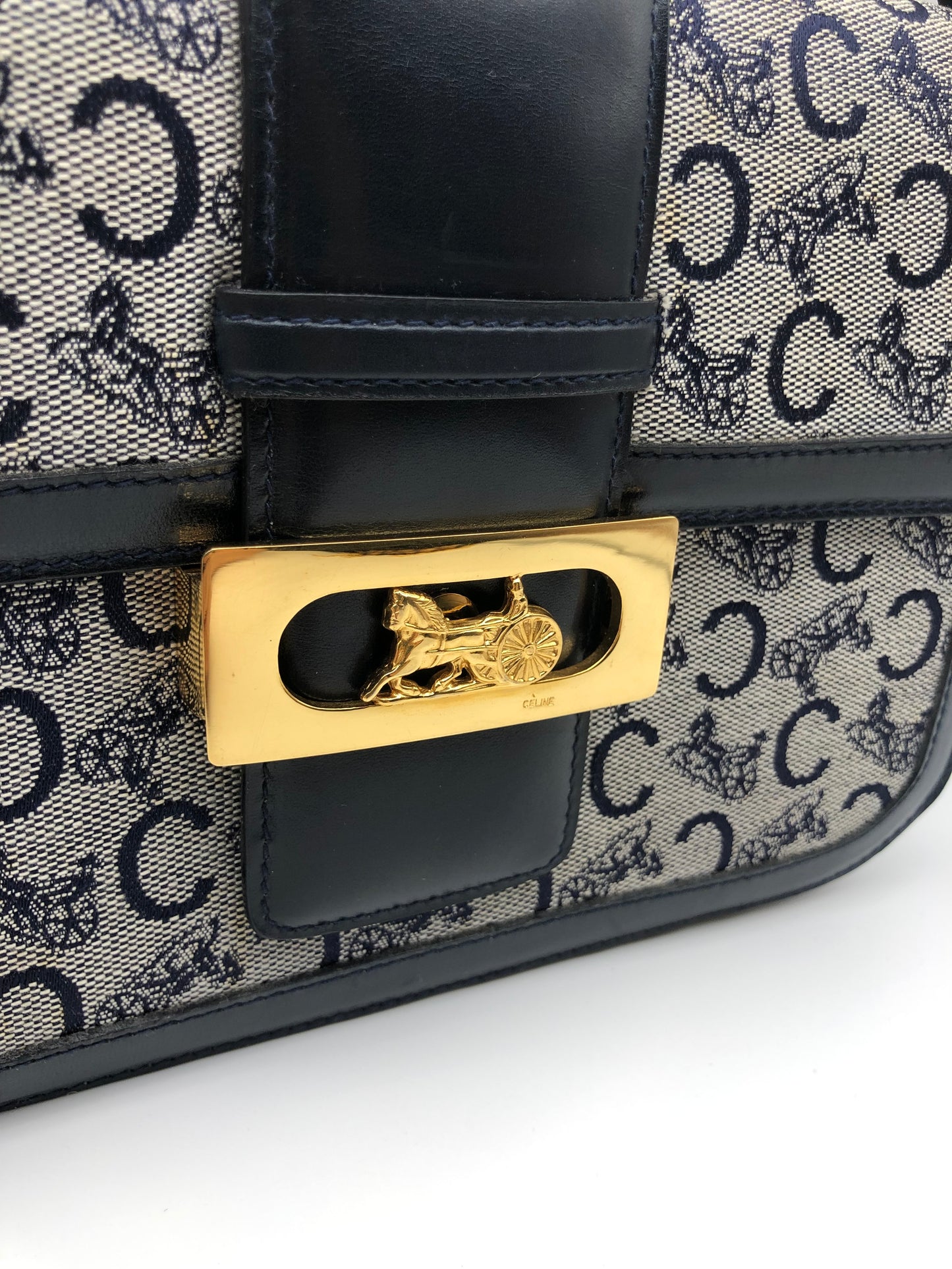 Authentic Celine Vintage 1970s Navy Blue Horse Carriage Shoulder Bag
