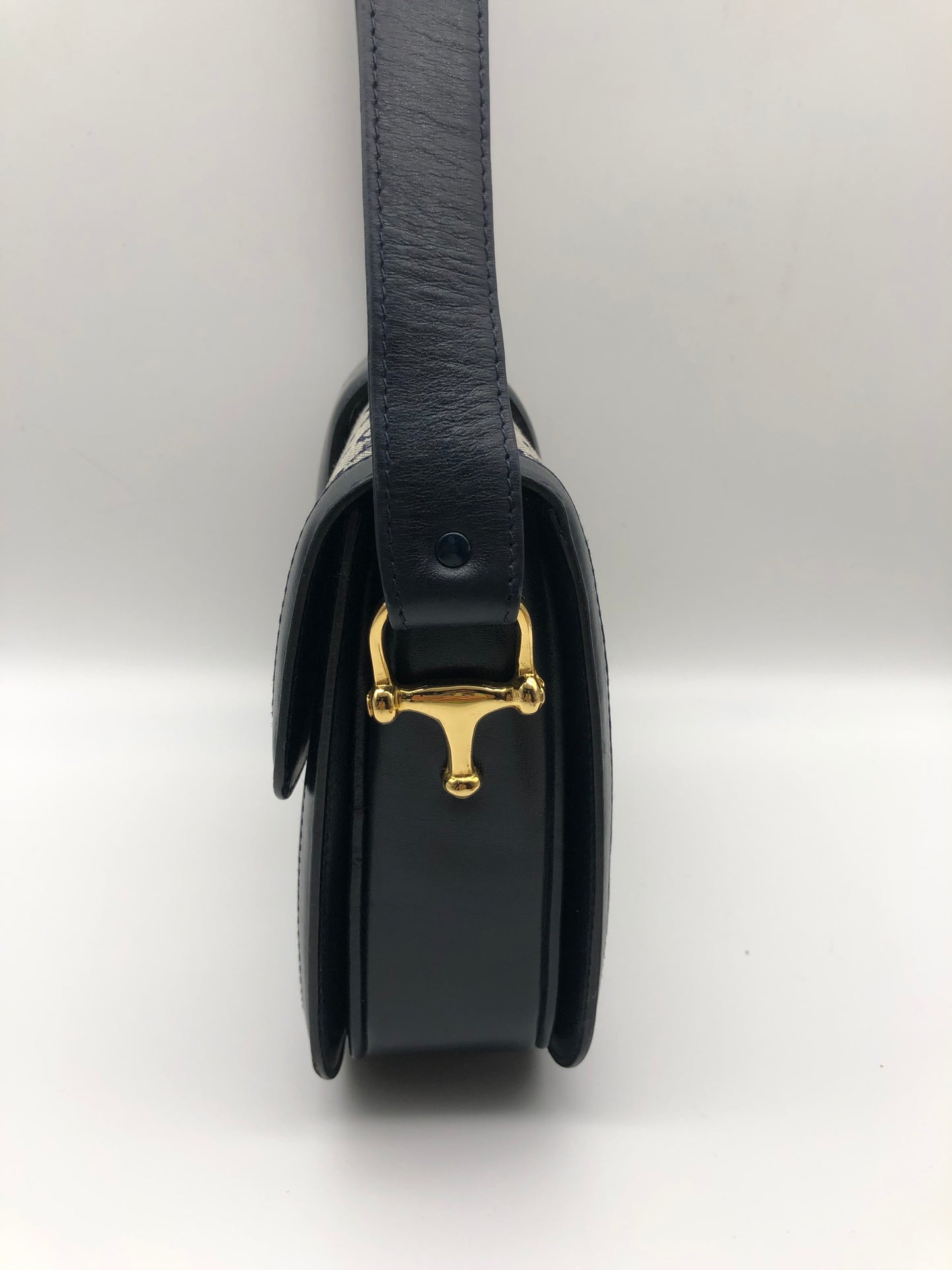 Authentic Celine Vintage 1970s Navy Blue Horse Carriage Shoulder Bag