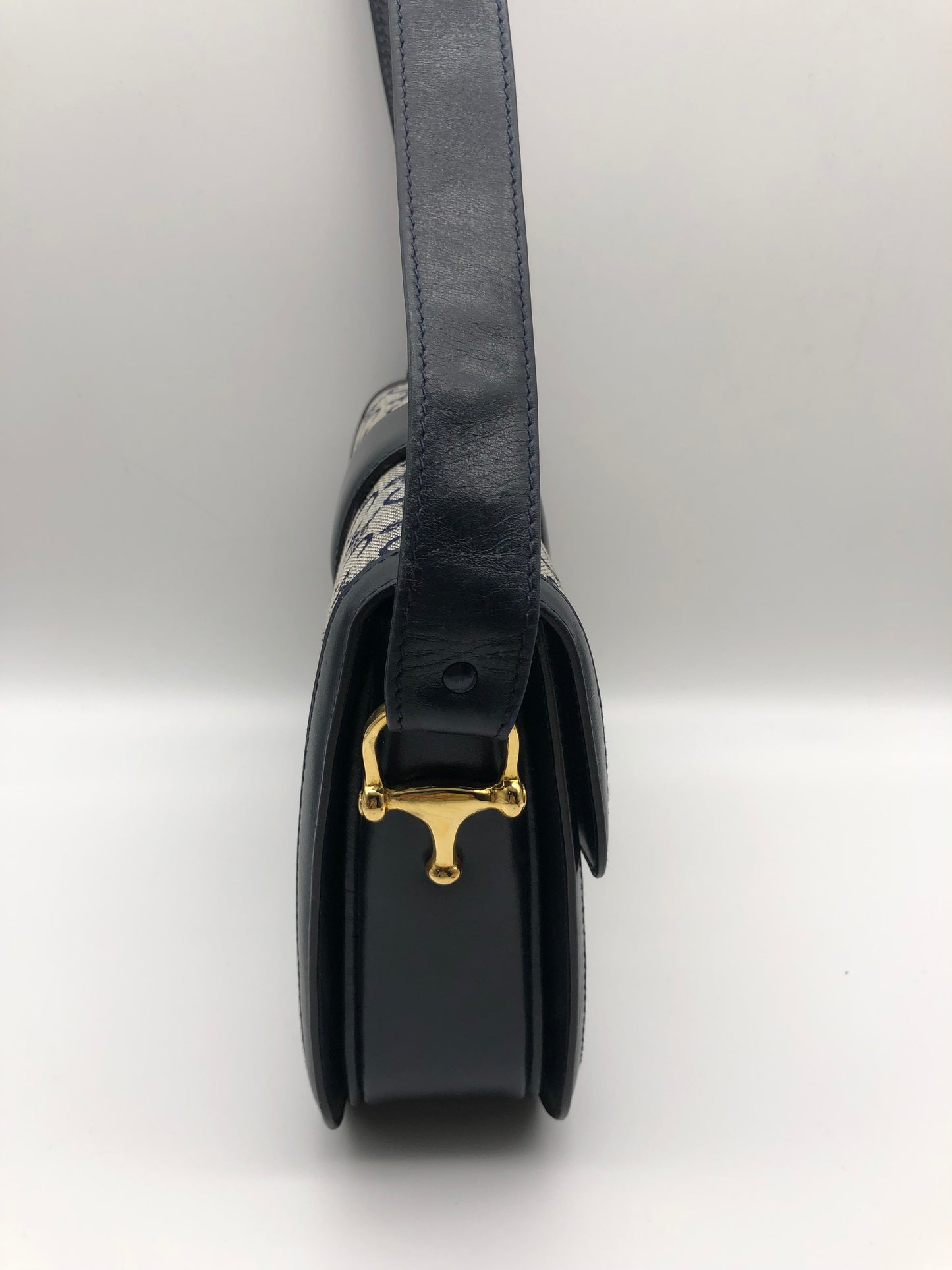 Authentic Celine Vintage 1970s Navy Blue Horse Carriage Shoulder Bag
