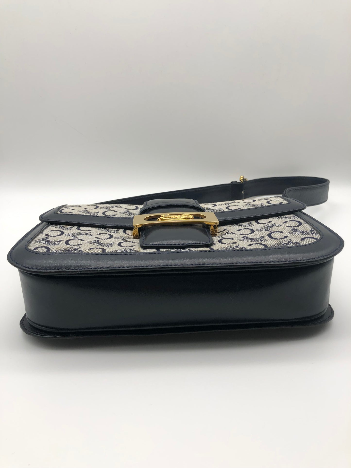 Authentic Celine Vintage 1970s Navy Blue Horse Carriage Shoulder Bag