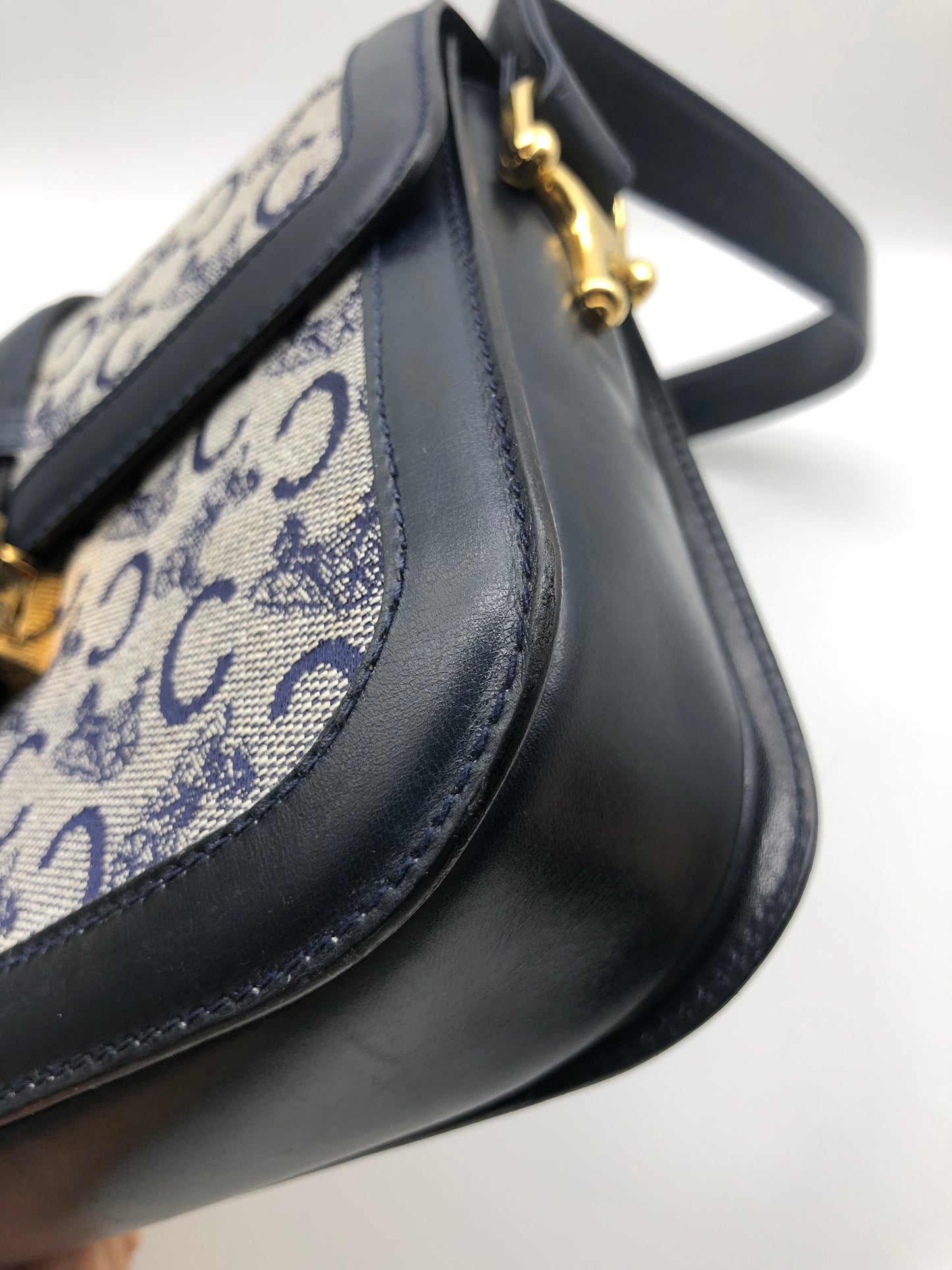 Authentic Celine Vintage 1970s Navy Blue Horse Carriage Shoulder Bag