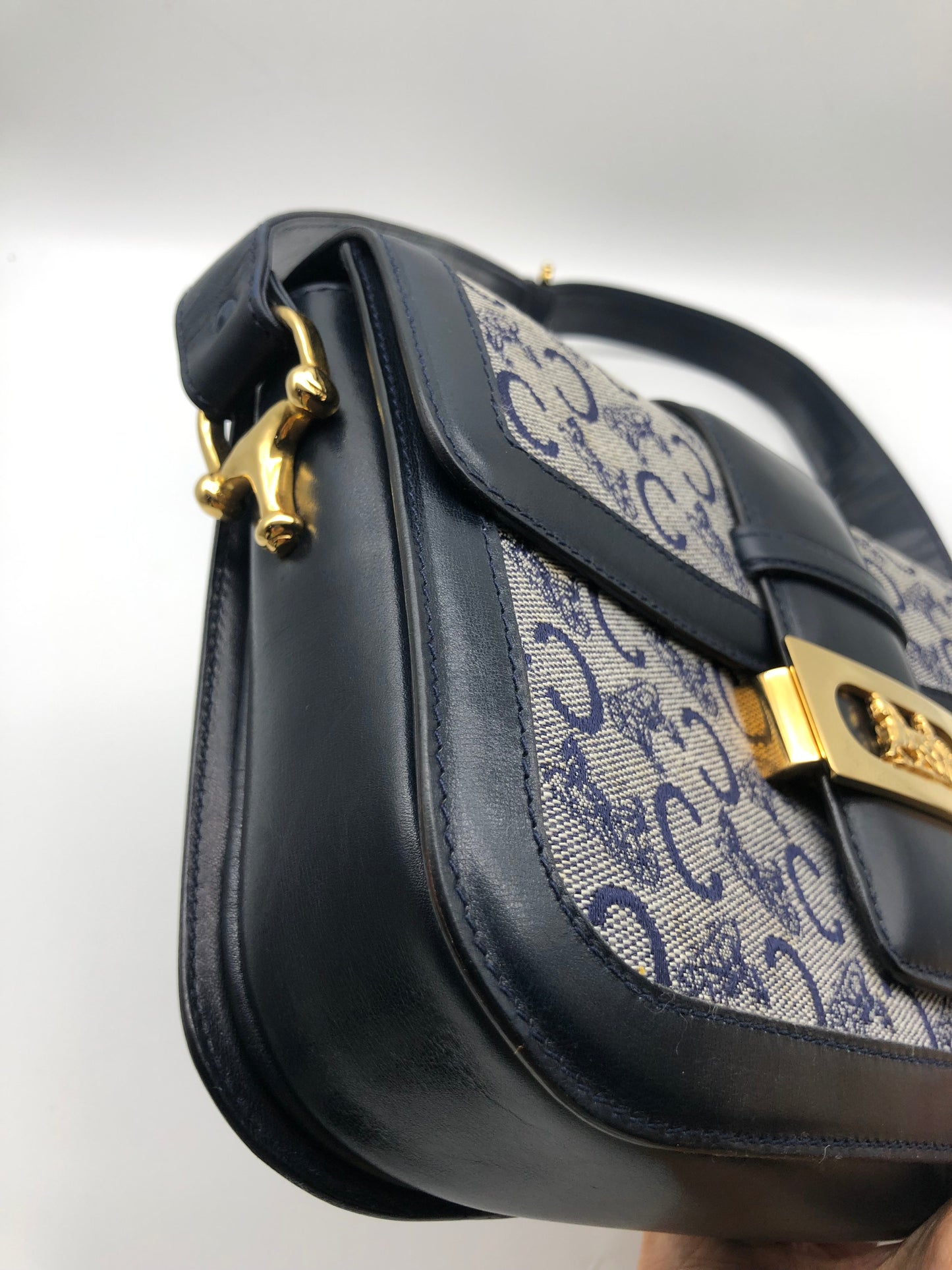 Authentic Celine Vintage 1970s Navy Blue Horse Carriage Shoulder Bag