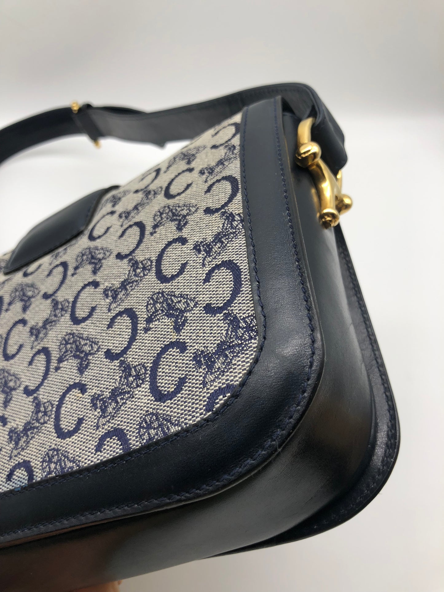 Authentic Celine Vintage 1970s Navy Blue Horse Carriage Shoulder Bag