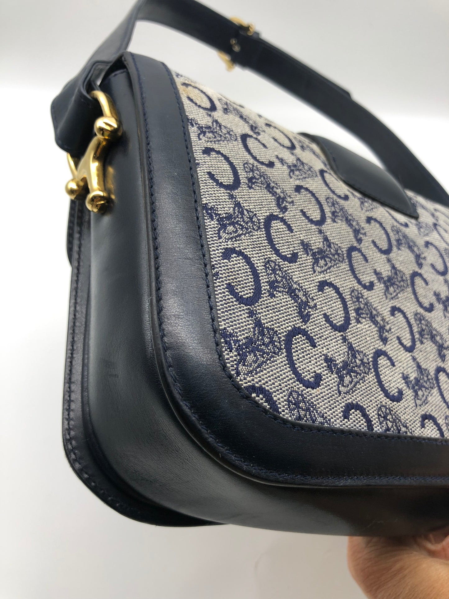 Authentic Celine Vintage 1970s Navy Blue Horse Carriage Shoulder Bag