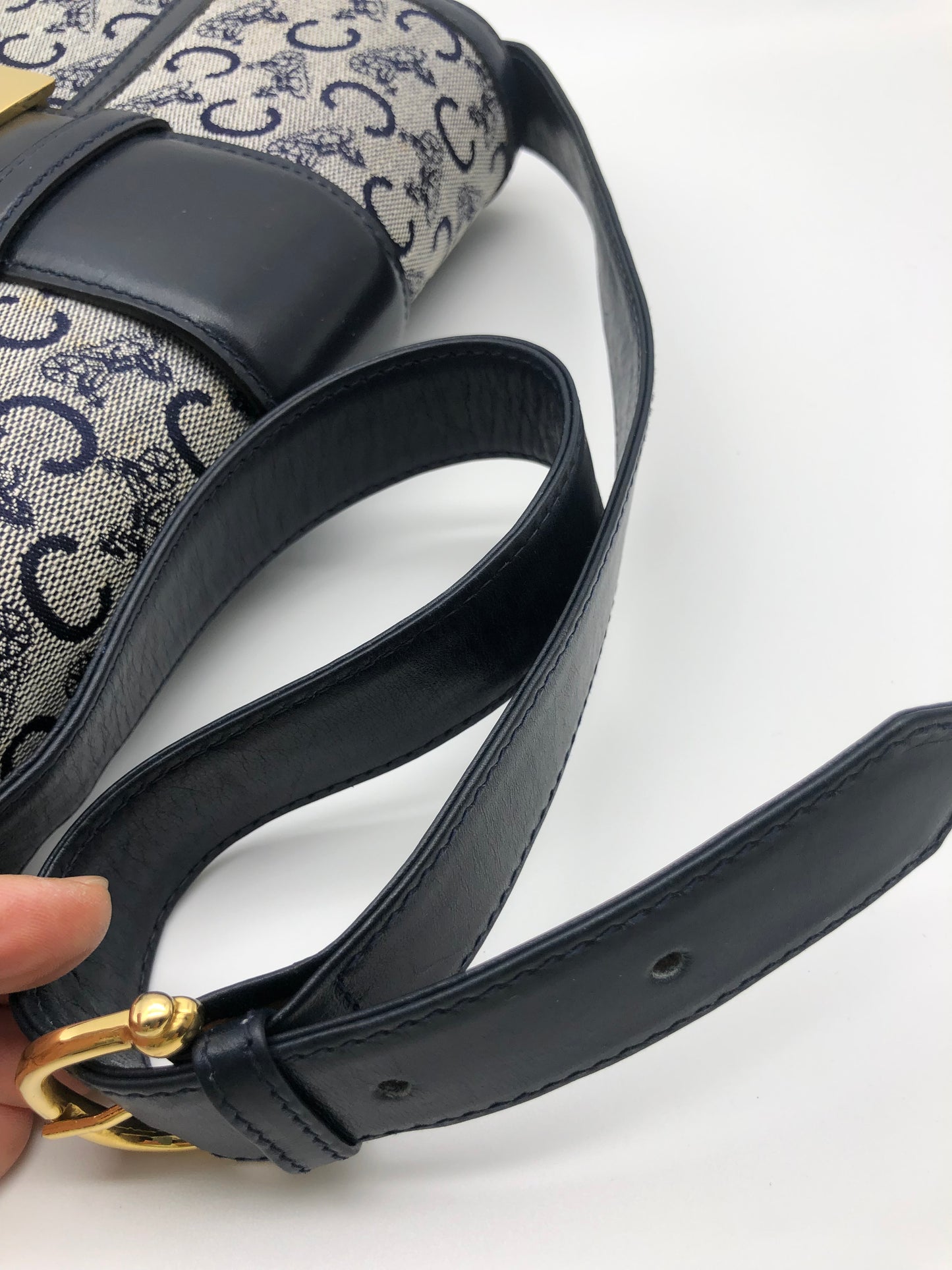 Authentic Celine Vintage 1970s Navy Blue Horse Carriage Shoulder Bag