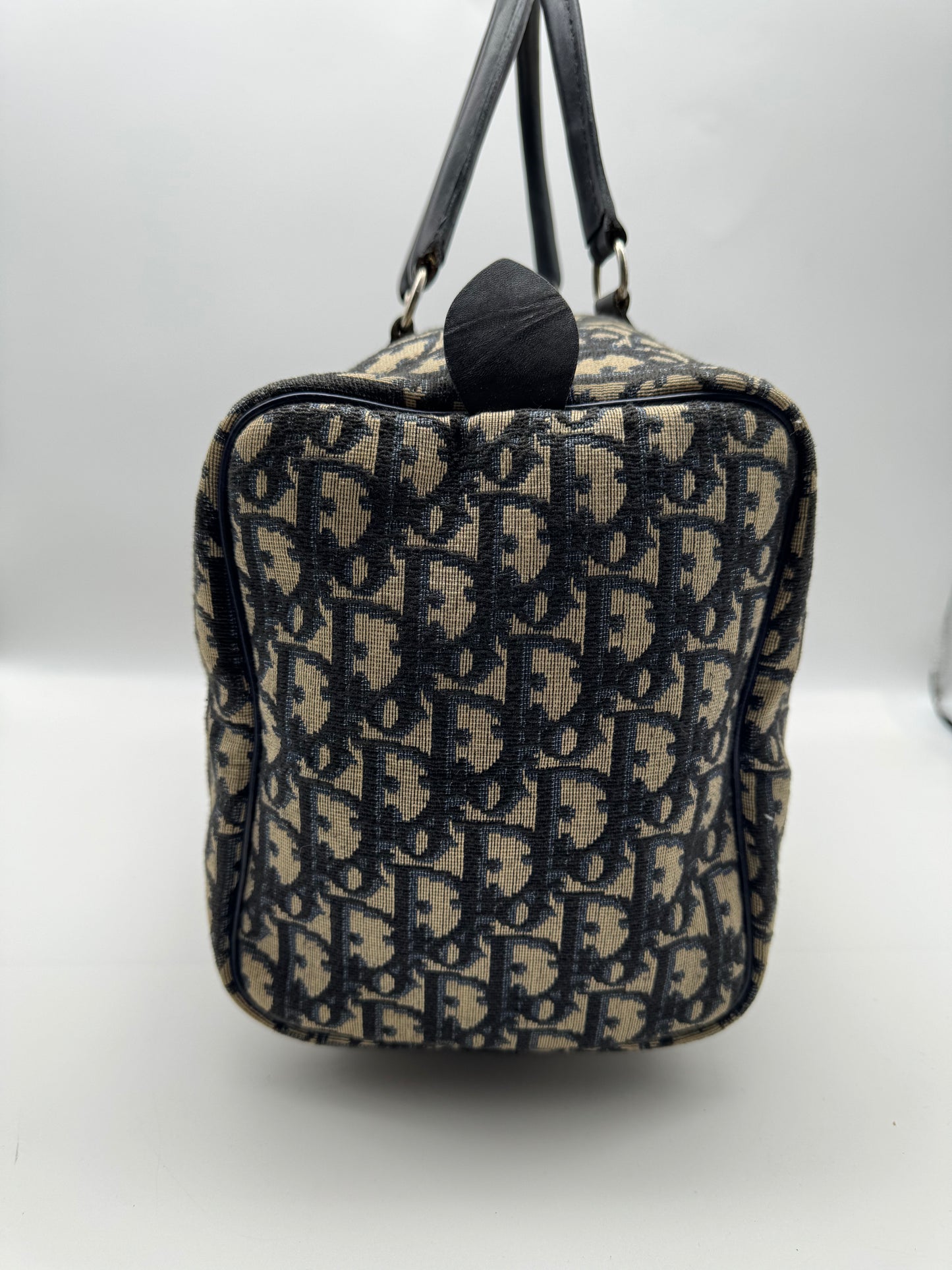 Authentic Christian Dior Navy Blue Trotter Jacquard Canvas Boston 30 Bowling Bag