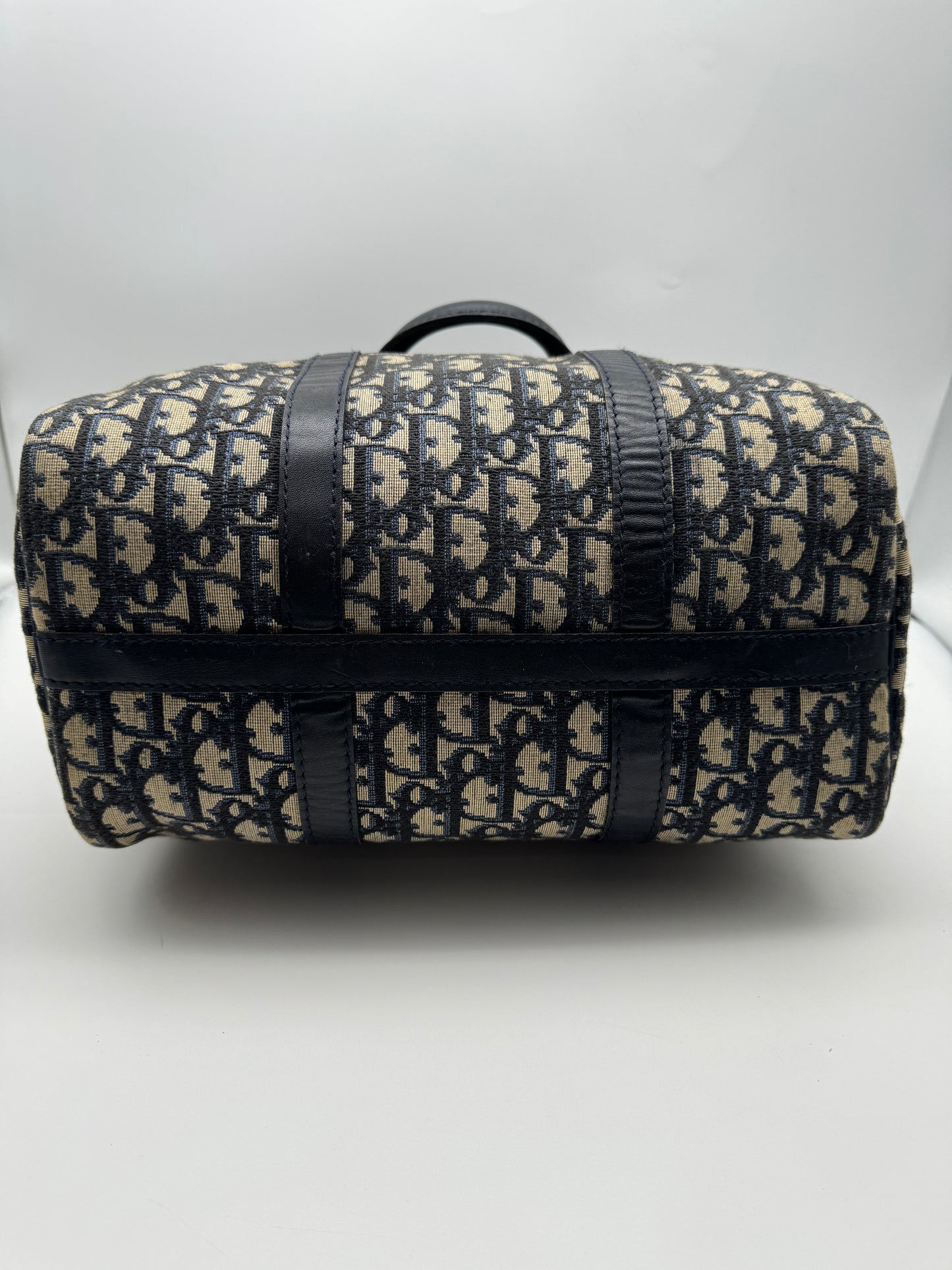 Authentic Christian Dior Navy Blue Trotter Jacquard Canvas Boston 30 Bowling Bag