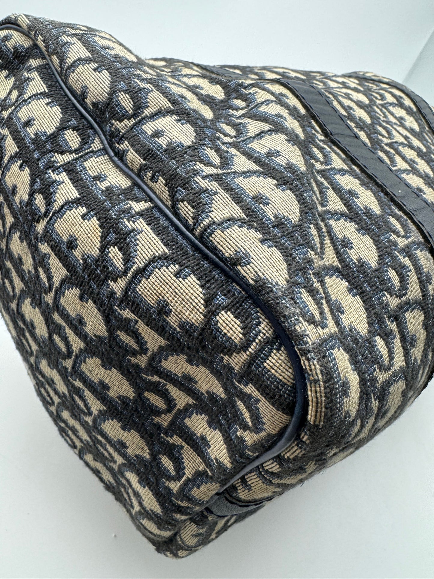 Authentic Christian Dior Navy Blue Trotter Jacquard Canvas Boston 30 Bowling Bag