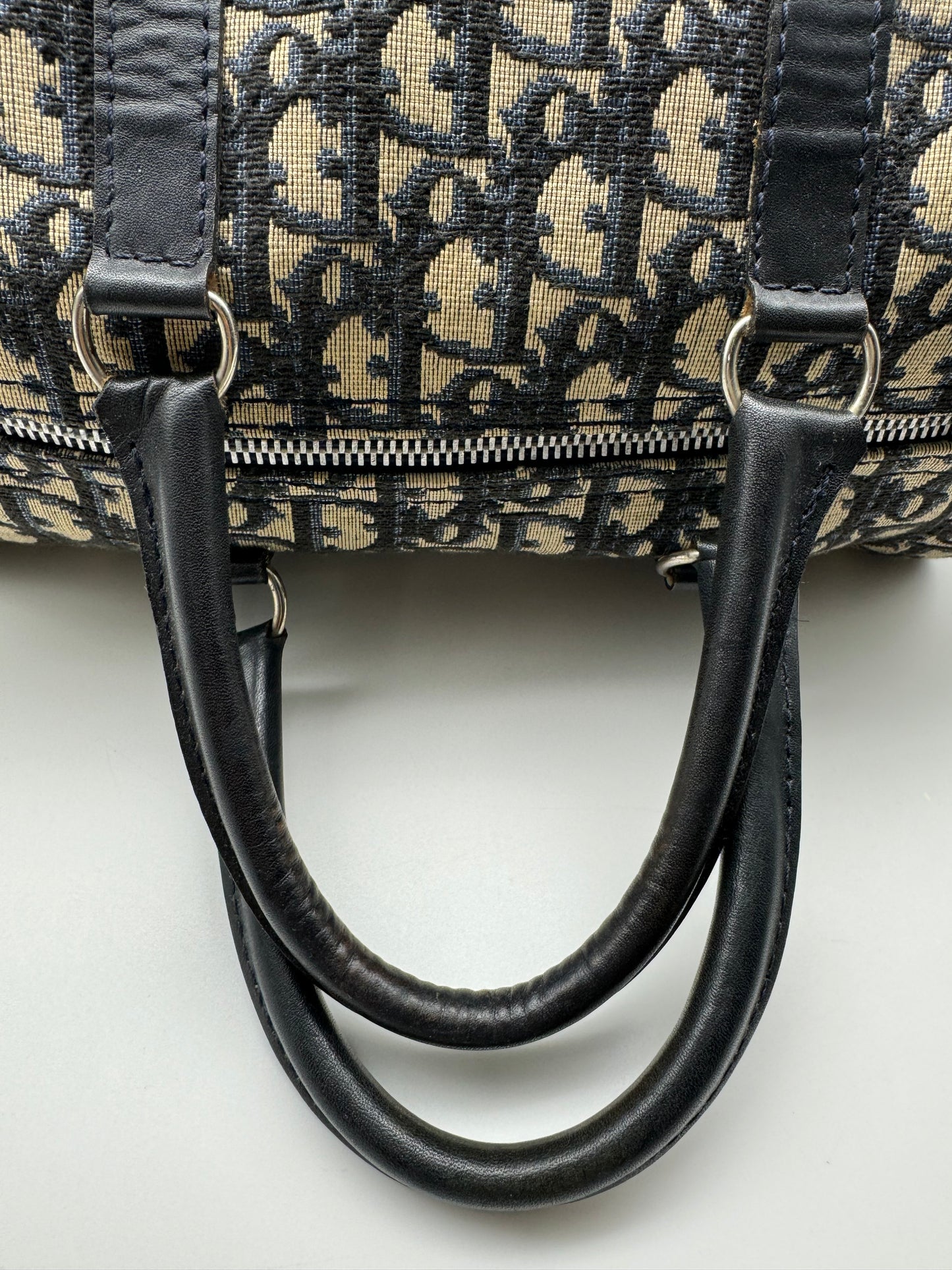 Authentic Christian Dior Navy Blue Trotter Jacquard Canvas Boston 30 Bowling Bag