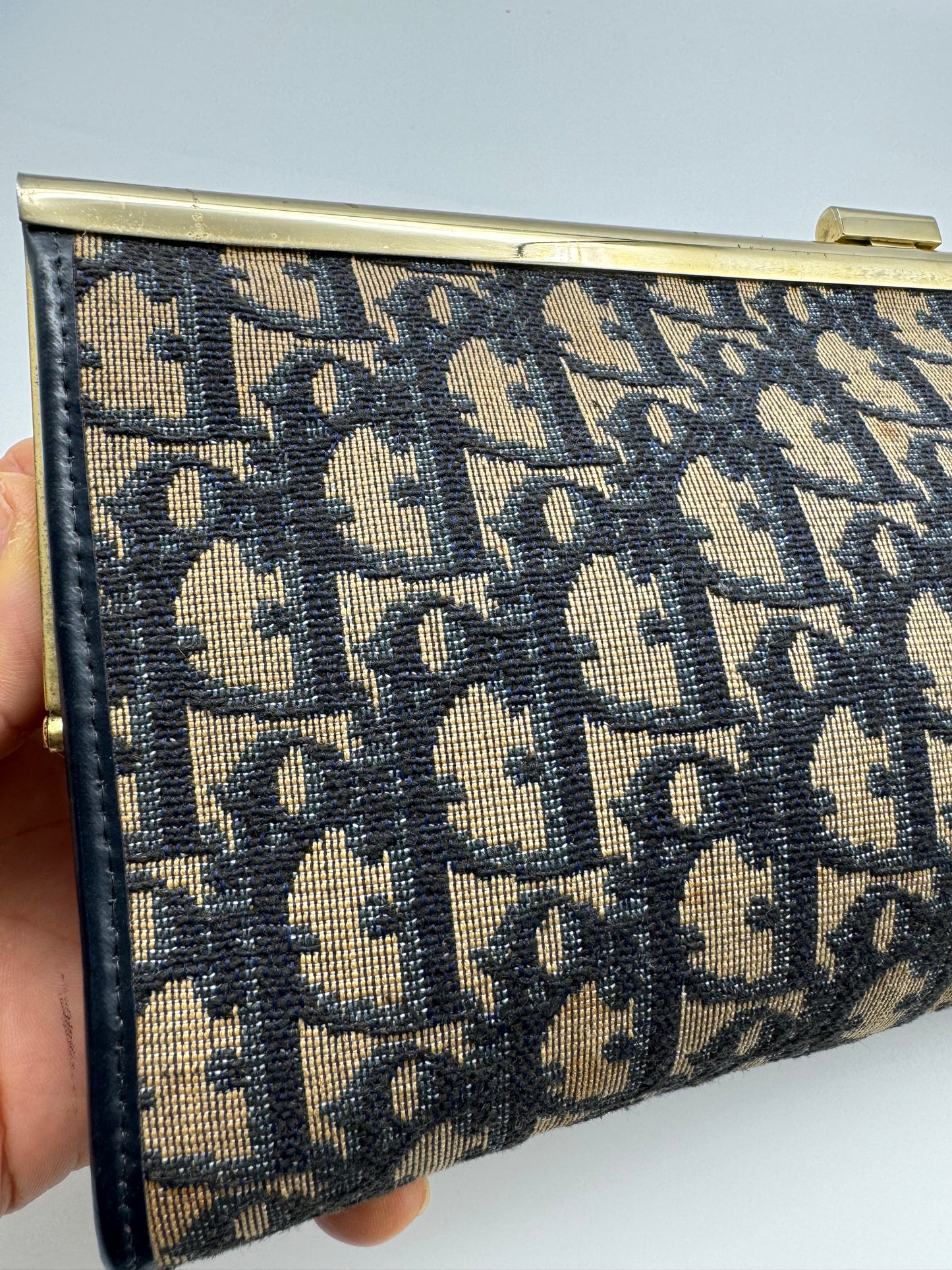 Authentic Dior Navy Blue Trotter Kiss-Lock Vintage Clutch Added Strap