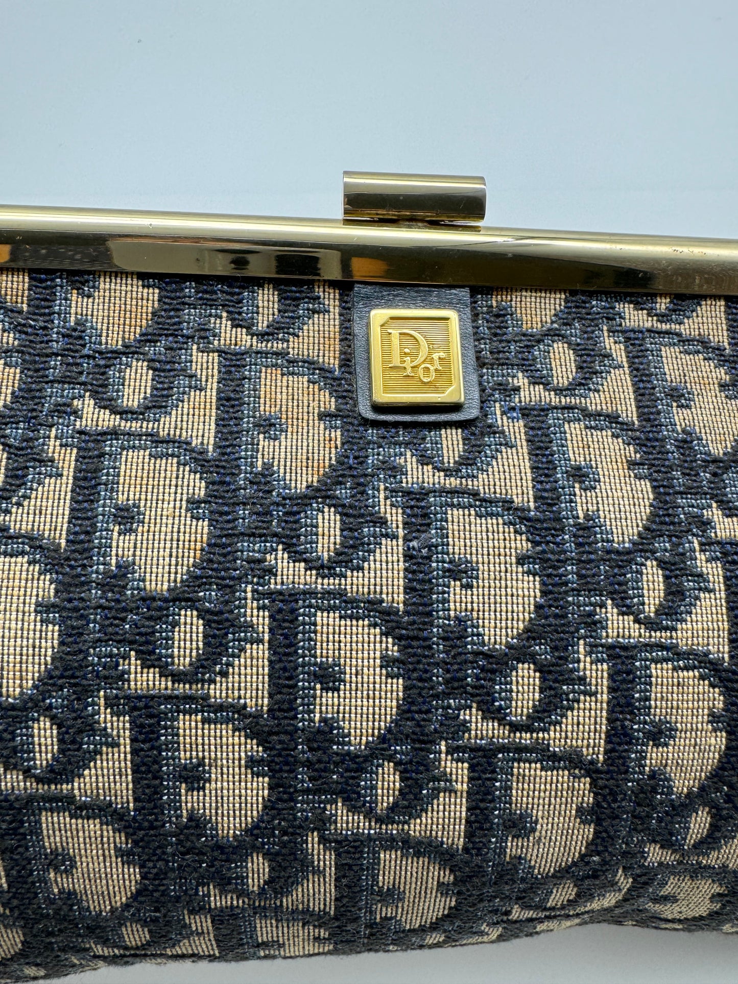 Authentic Dior Navy Blue Trotter Kiss-Lock Vintage Clutch Added Strap