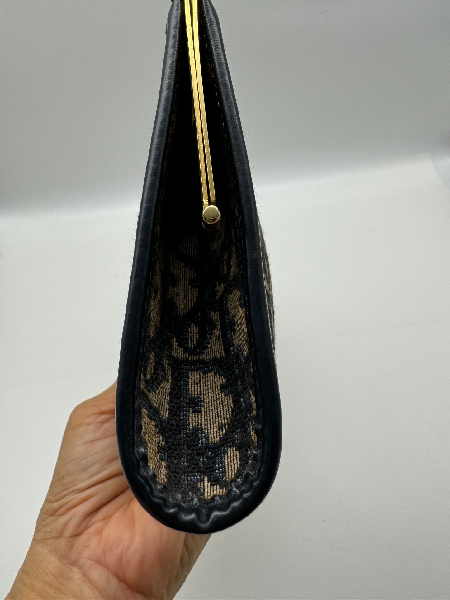 Authentic Dior Navy Blue Trotter Kiss-Lock Vintage Clutch Added Strap