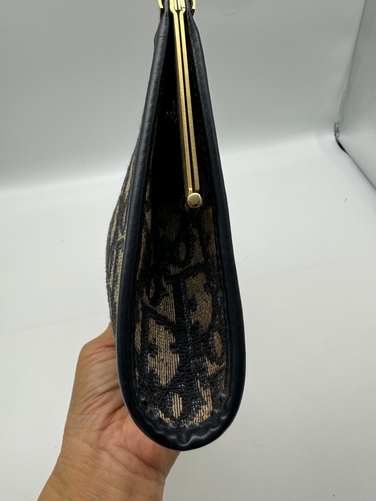 Authentic Dior Navy Blue Trotter Kiss-Lock Vintage Clutch Added Strap