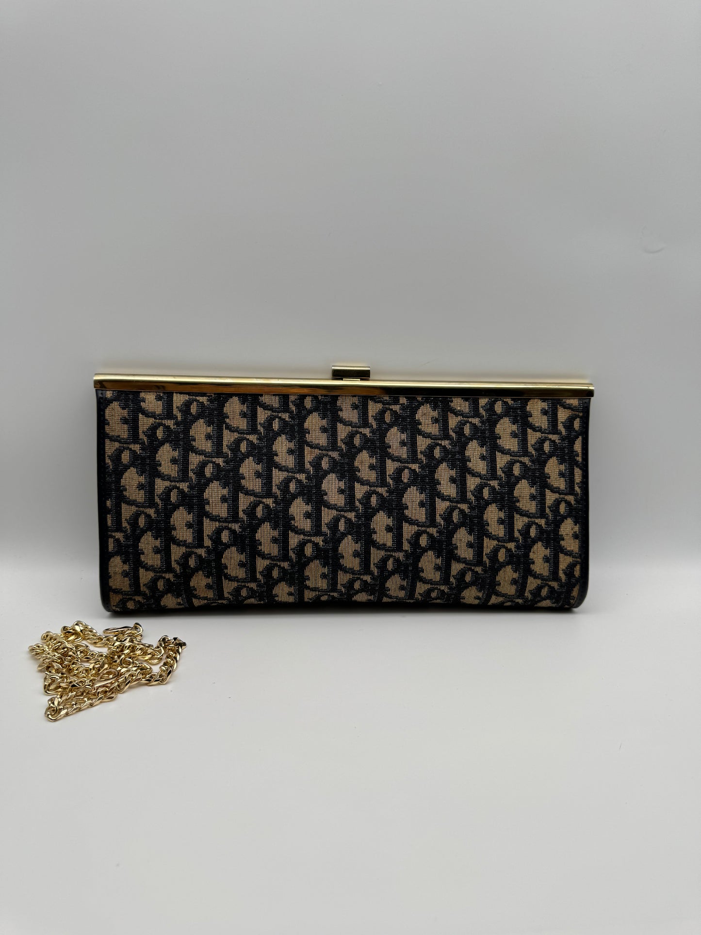 Authentic Dior Navy Blue Trotter Kiss-Lock Vintage Clutch Added Strap