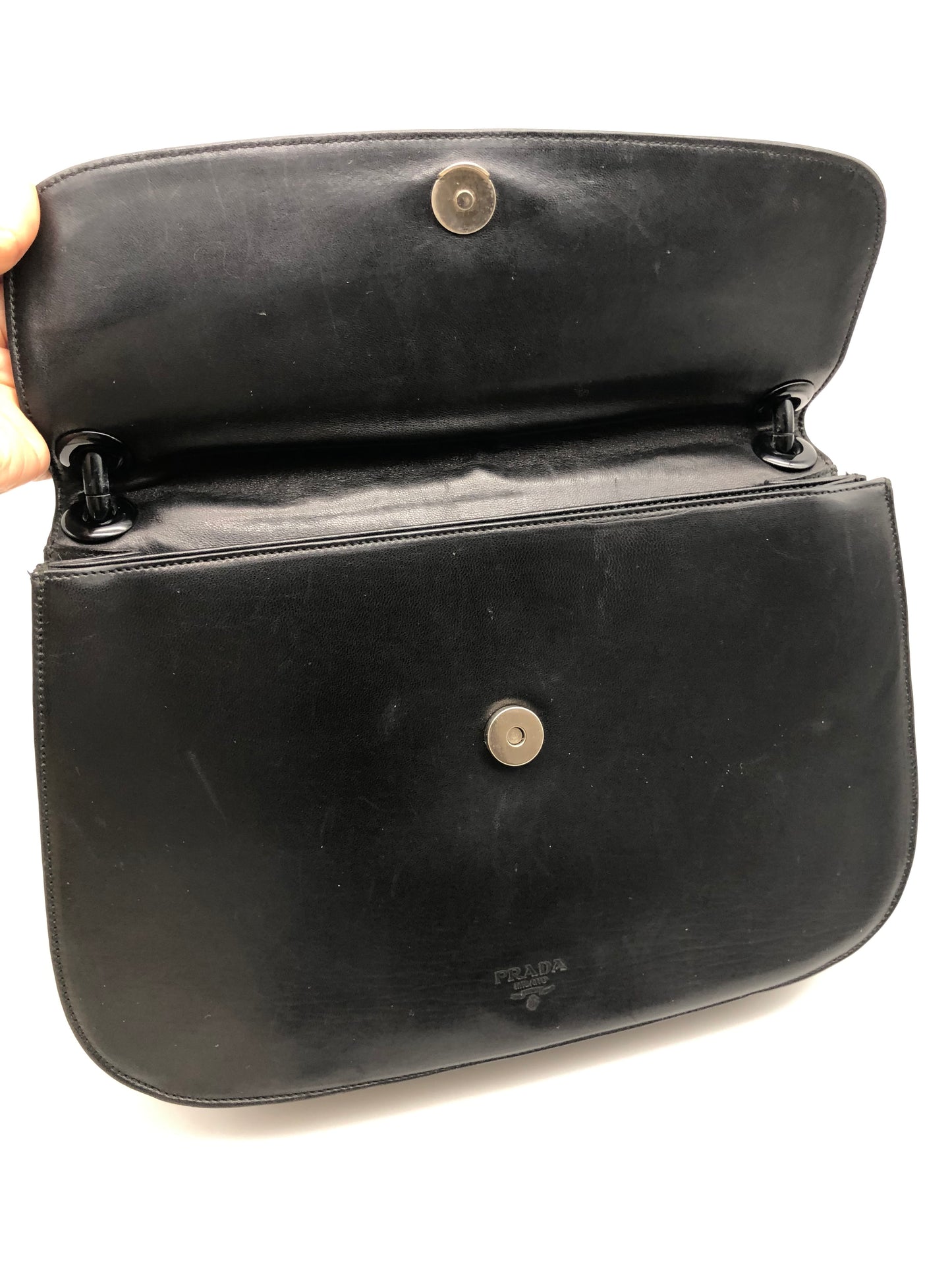 Authentic Prada Baguette Black Leather Acrylic Chain Strap Shoulder Bag