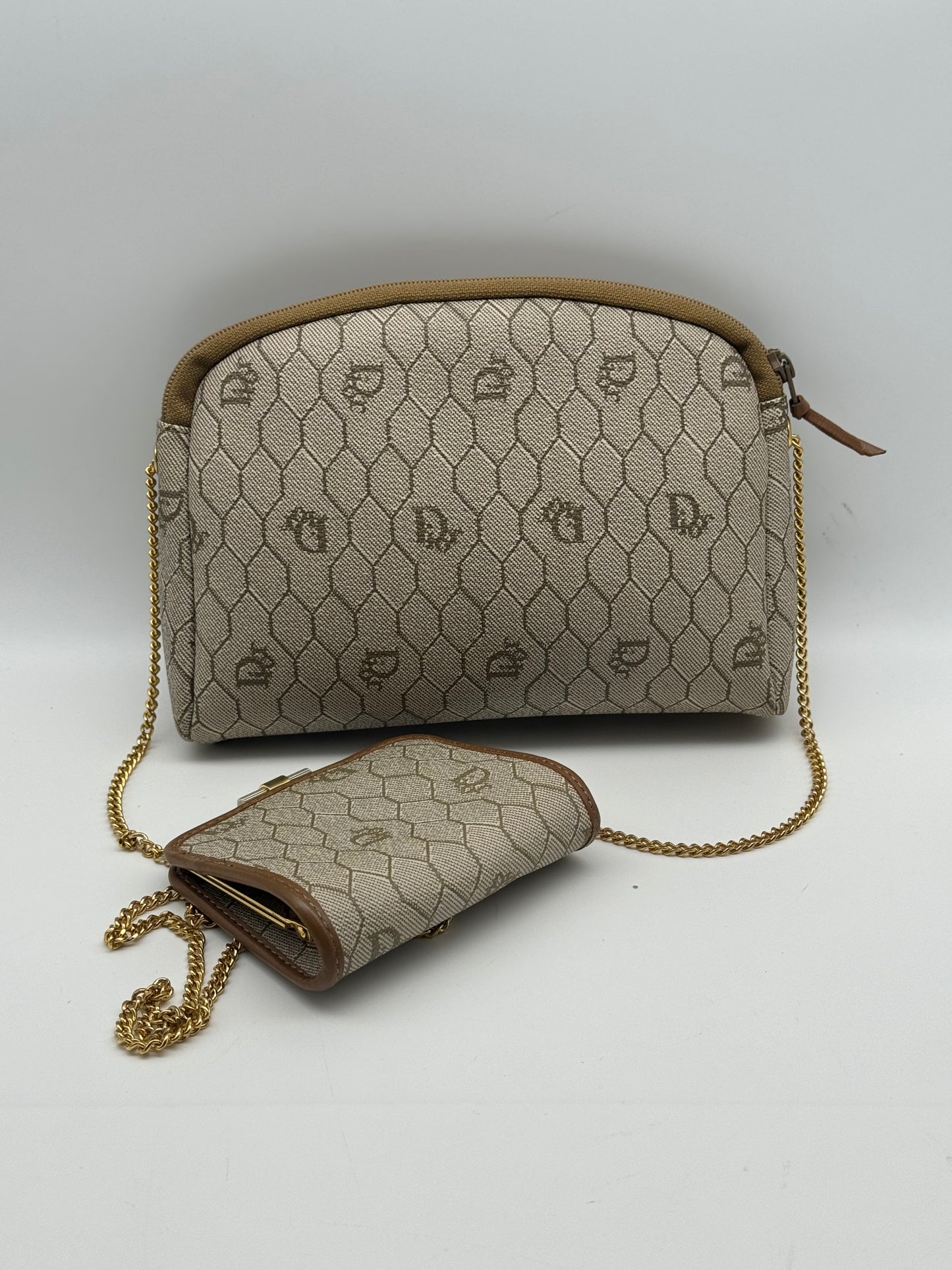 Authentic Dior Beige Honeycomb Crossbody Bag & Coin Purse