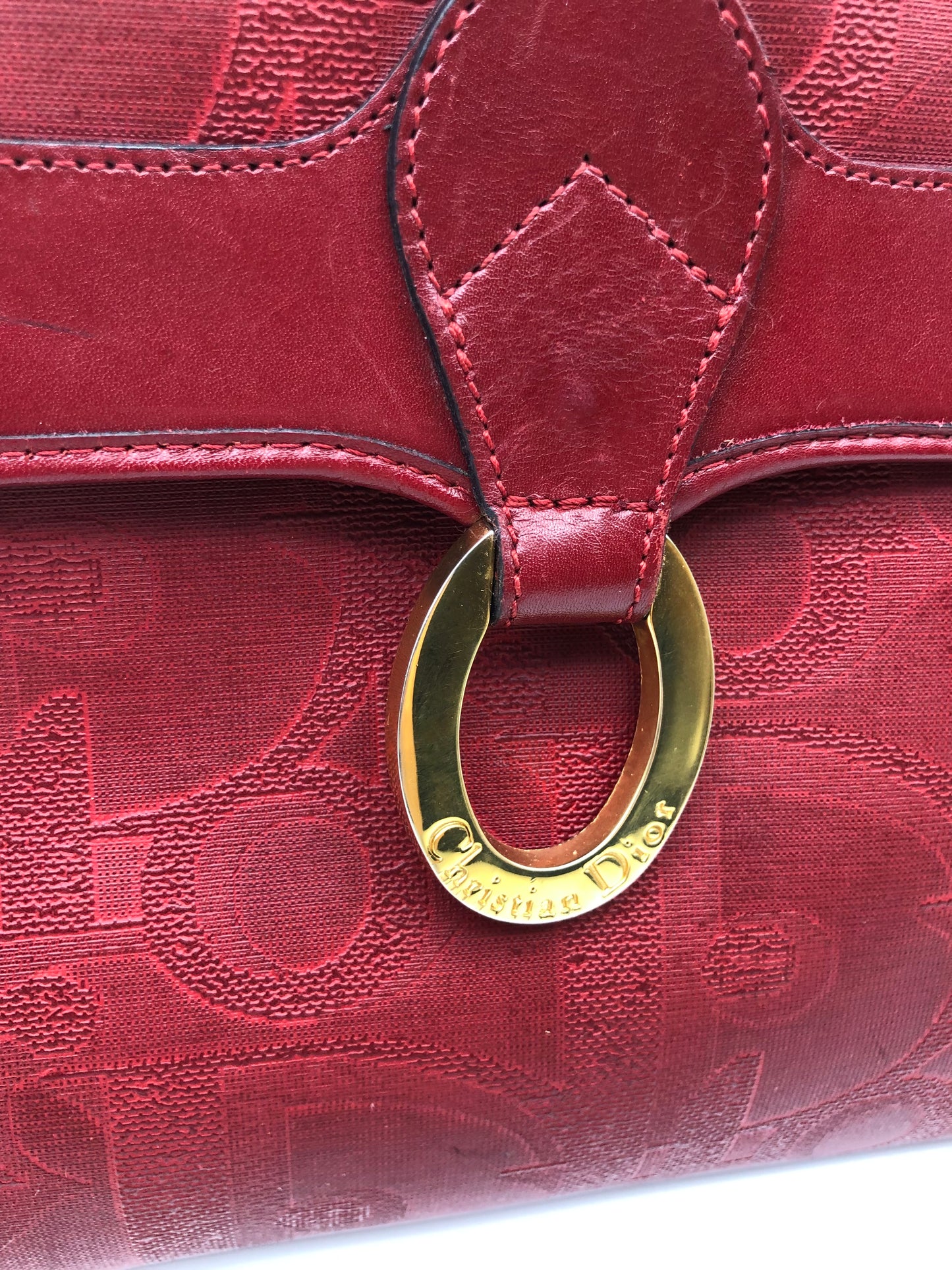 Authentic Christian Dior Vintage Red Dior Logo Canvas Crossbody Hand Bag