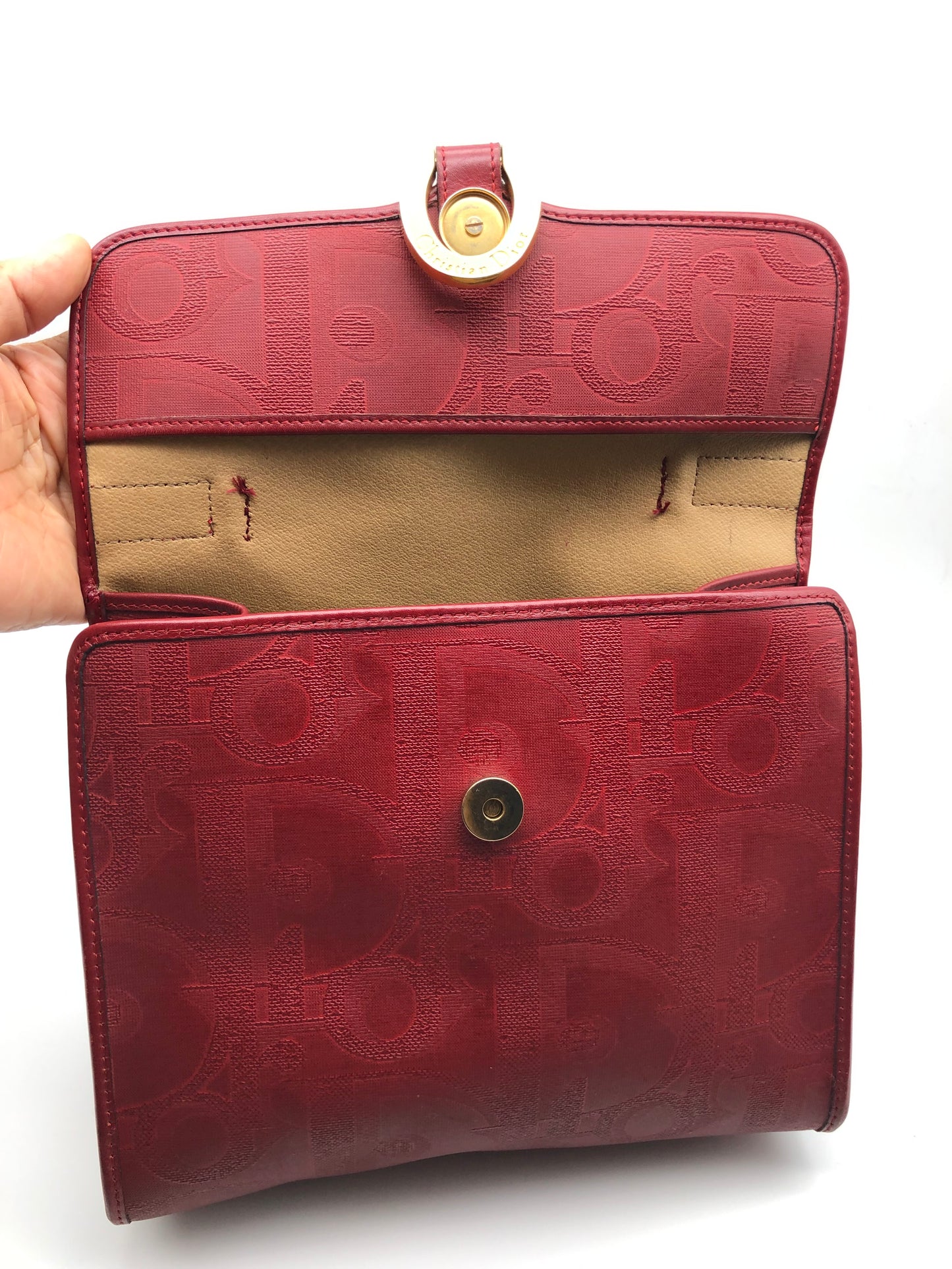 Authentic Christian Dior Vintage Red Dior Logo Canvas Crossbody Hand Bag