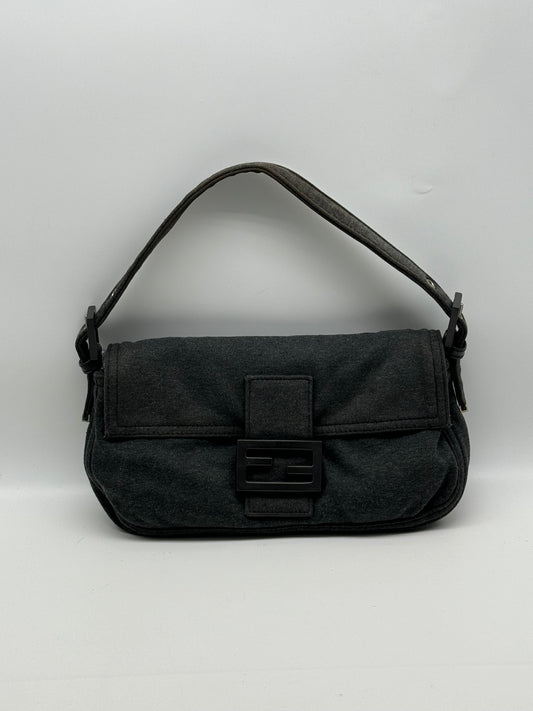 Authentic Fendi Baguette Black Cloth Shoulder Bag