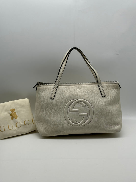 Authentic Gucci Soho Kid White Leather Small Tote