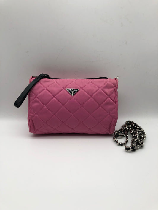 Authentic Prada Cosmetic Clutch Shocking Pink Quilted Nylon Added Strap Crossbody Shoulder Bag